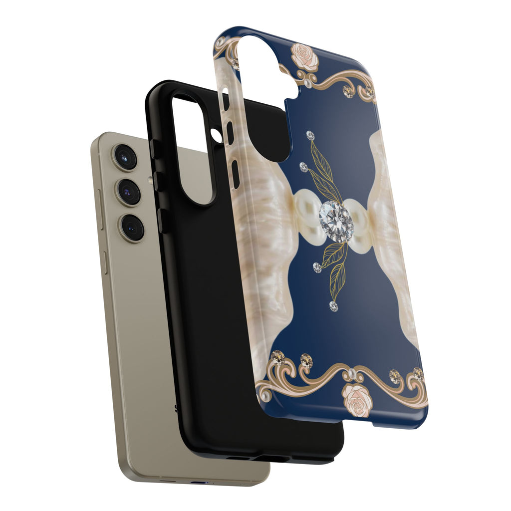 Navy Pearl & Diamond Phone Case — Elegant Floral Baroque Tough Case