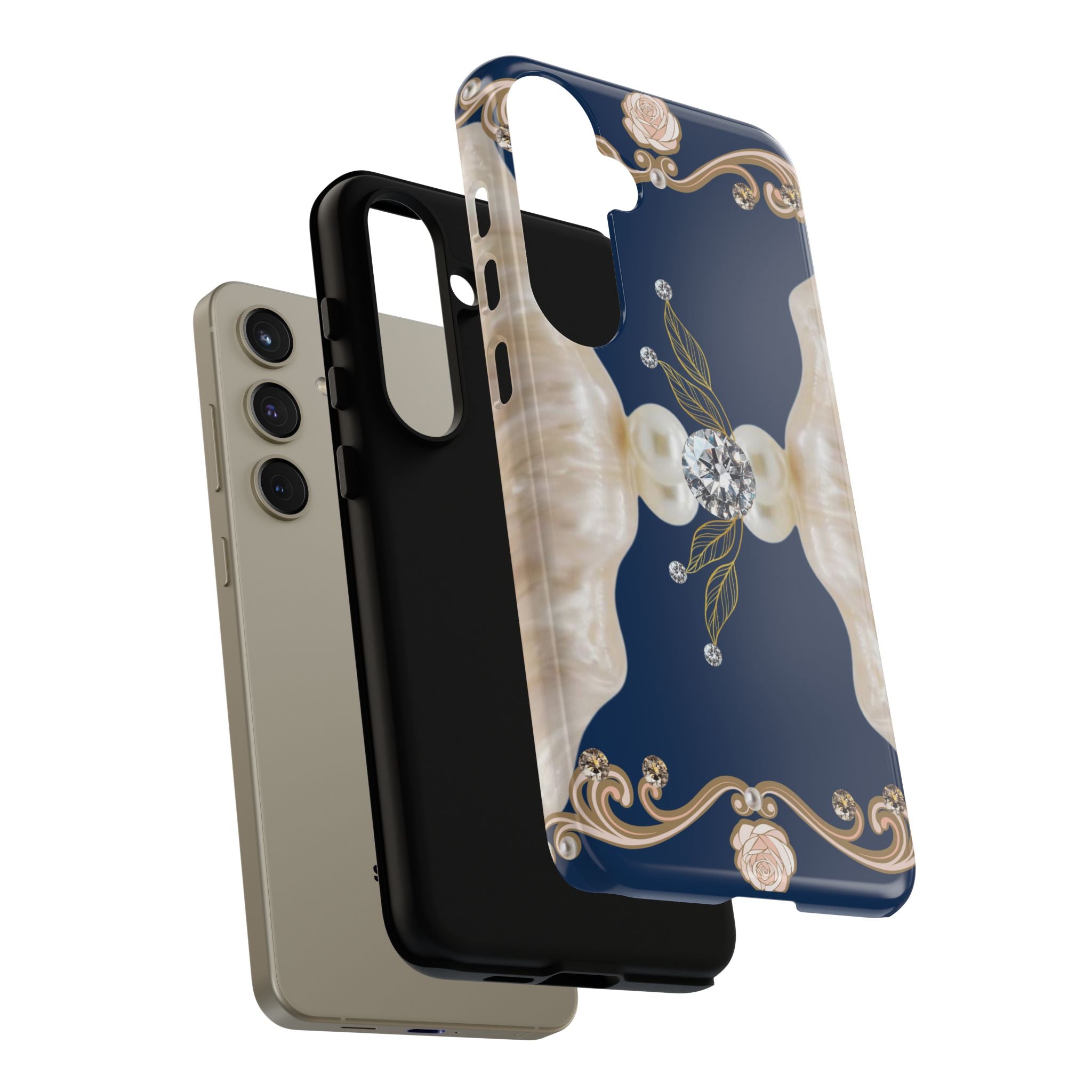 Navy Pearl & Diamond Phone Case — Elegant Floral Baroque Tough Case