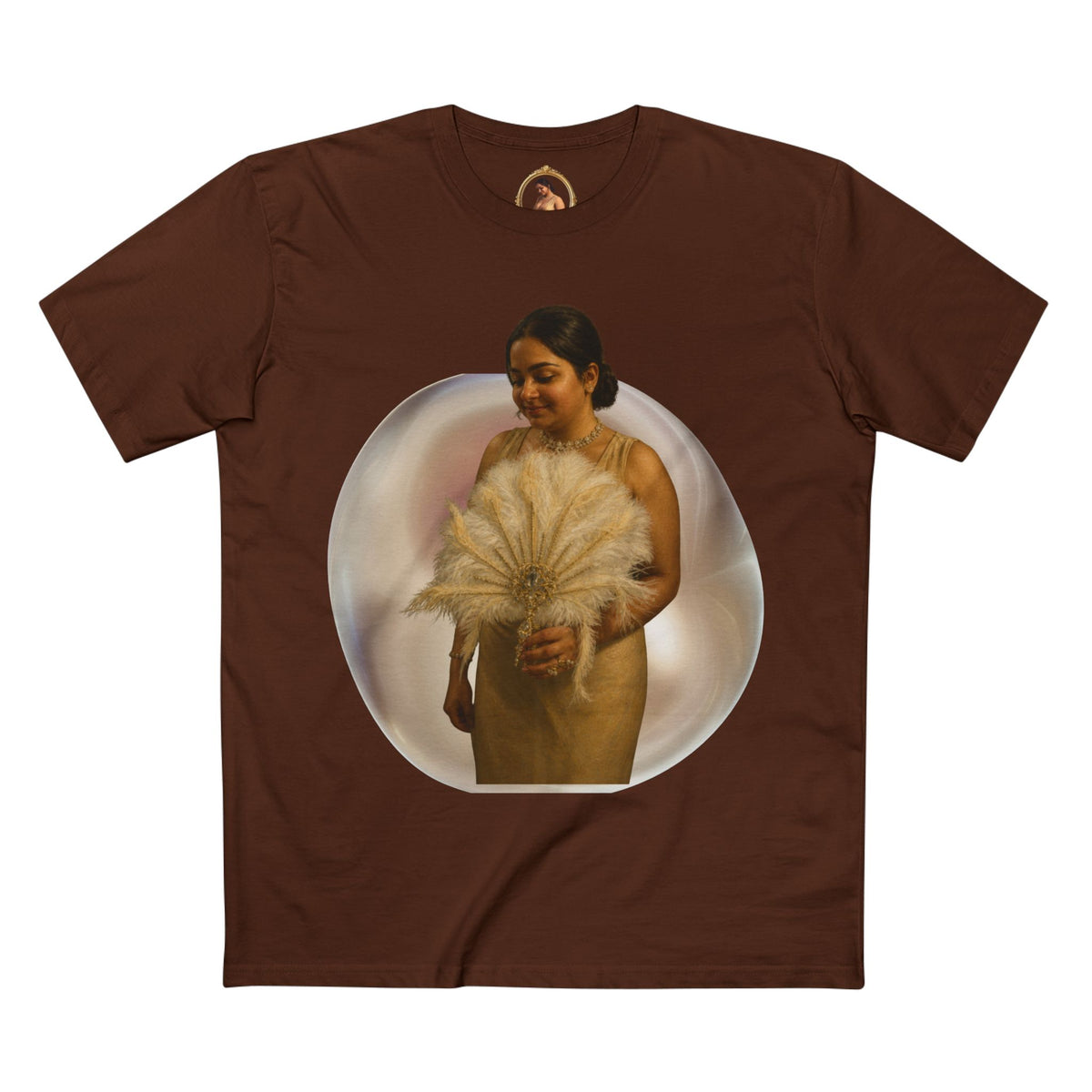 Drashti T‑Shirt — Vintage Portrait Bubble with 'We Will Be Home' Script