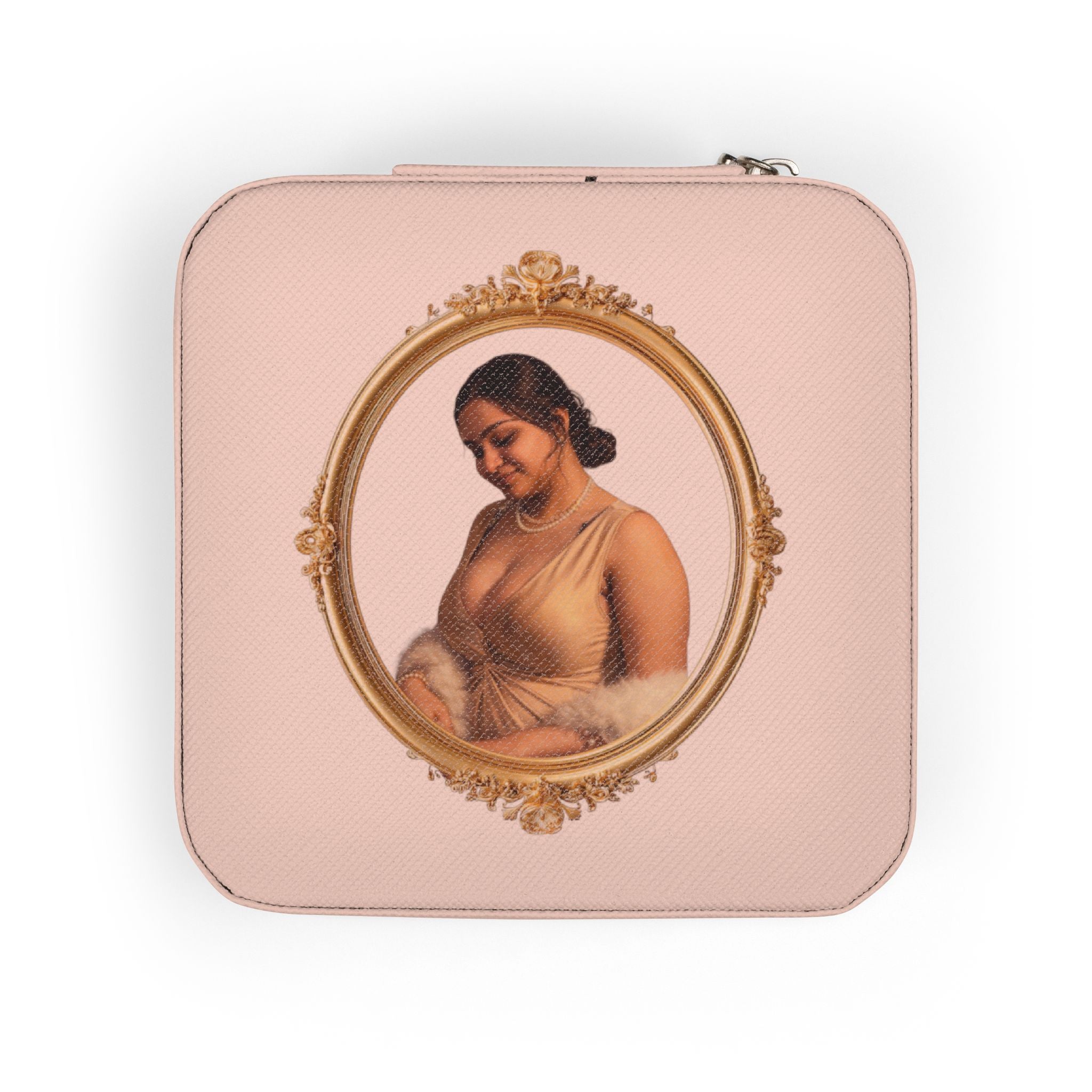Vintage Portrait Jewelry Travel Case — Compact Pink Organizer for Rings, Earrings & Necklaces