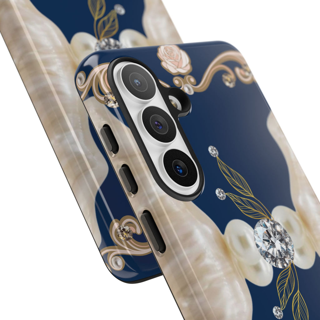 Navy Pearl & Diamond Phone Case — Elegant Floral Baroque Tough Case