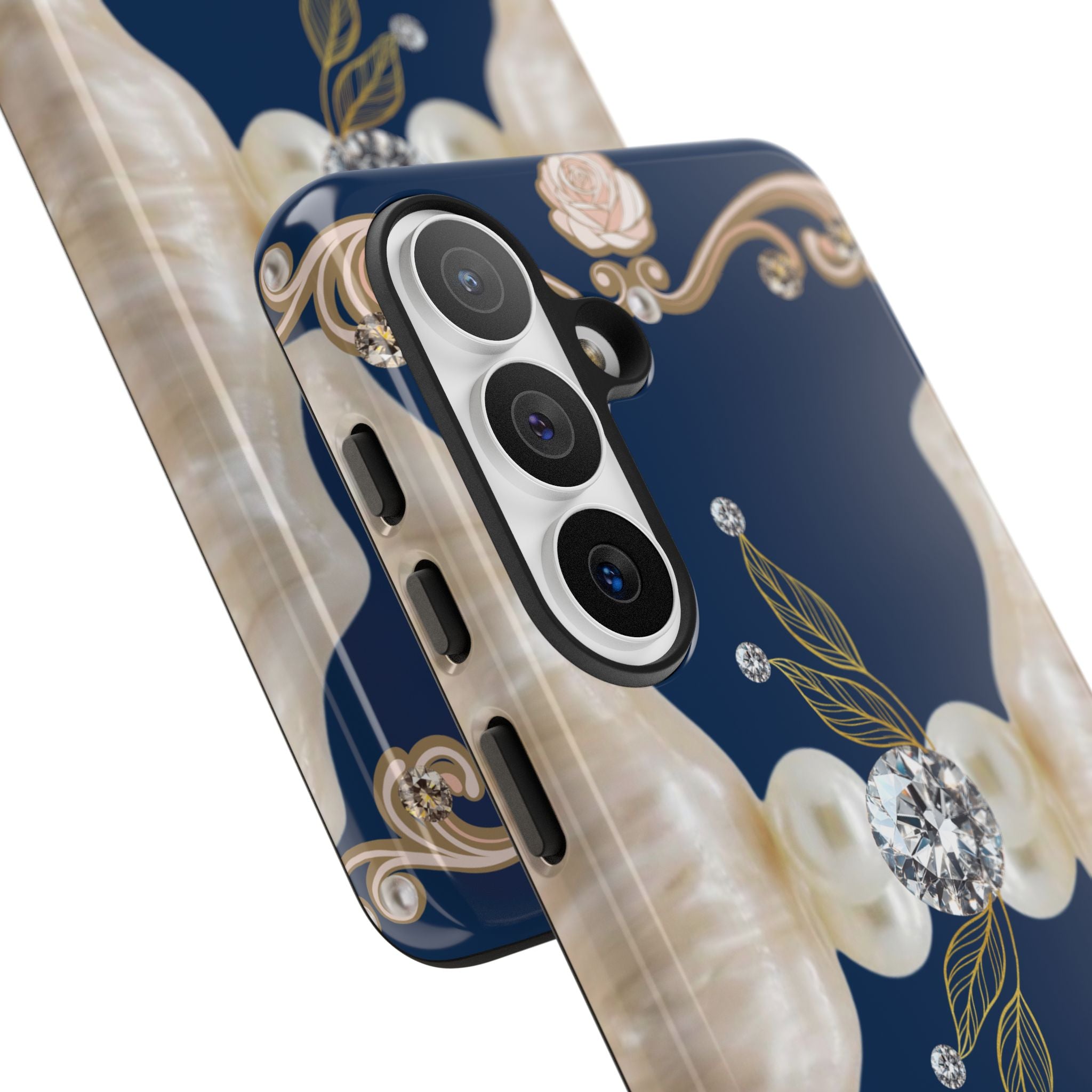Navy Pearl & Diamond Phone Case — Elegant Floral Baroque Tough Case