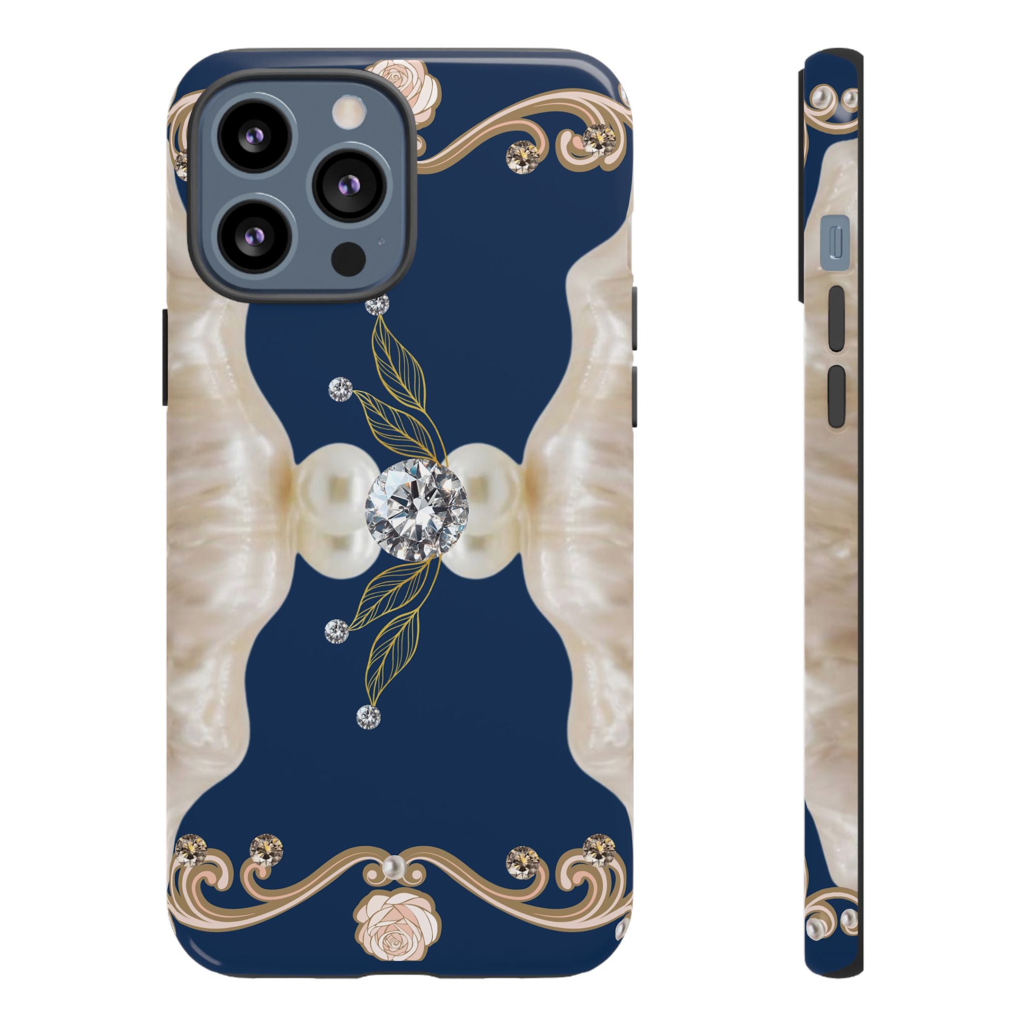 Navy Pearl & Diamond Phone Case — Elegant Floral Baroque Tough Case