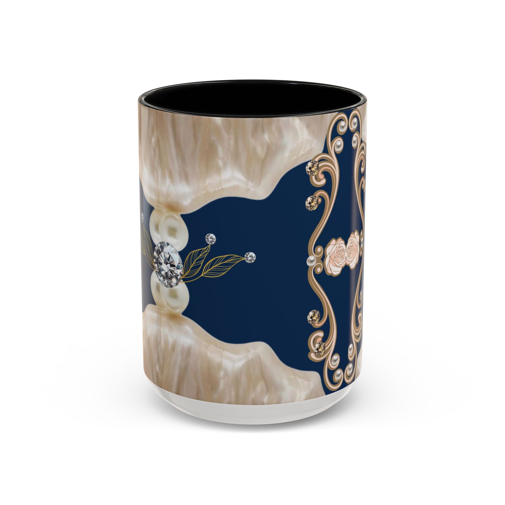 Elegant Navy Pearl Accent Coffee Mug - Vintage Baroque Floral Design (11/15oz)
