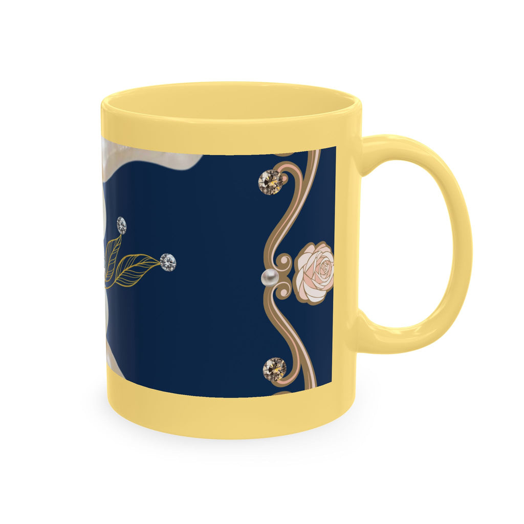 Pearl & Diamond Navy Ceramic Mug — Elegant Vintage Jewelry Design