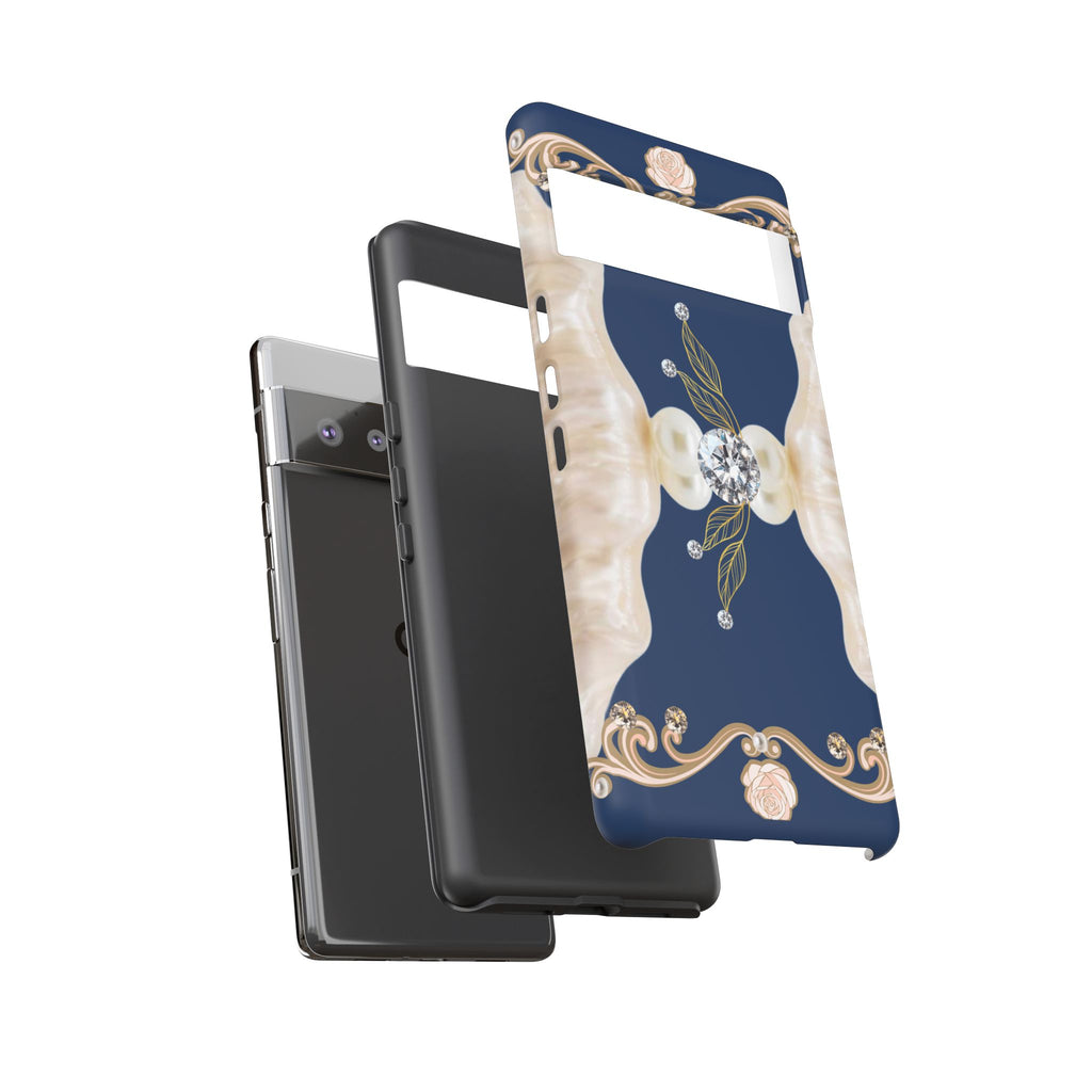 Navy Pearl & Diamond Phone Case — Elegant Floral Baroque Tough Case