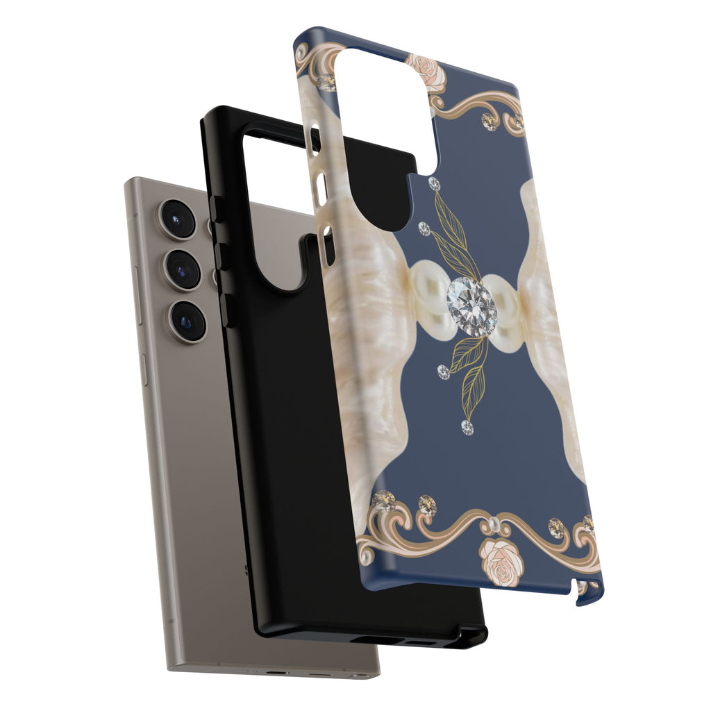 Navy Pearl & Diamond Phone Case — Elegant Floral Baroque Tough Case