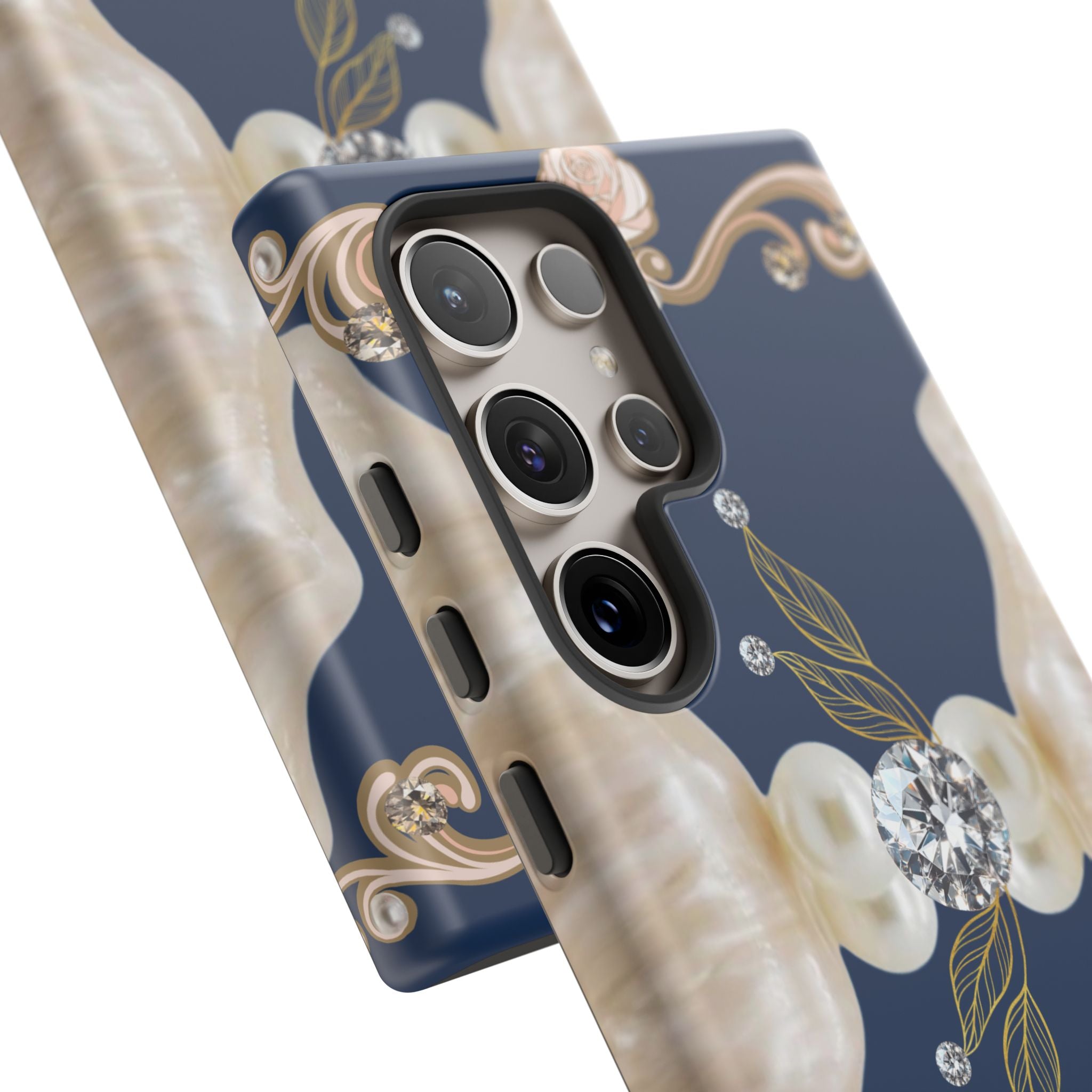 Navy Pearl & Diamond Phone Case — Elegant Floral Baroque Tough Case