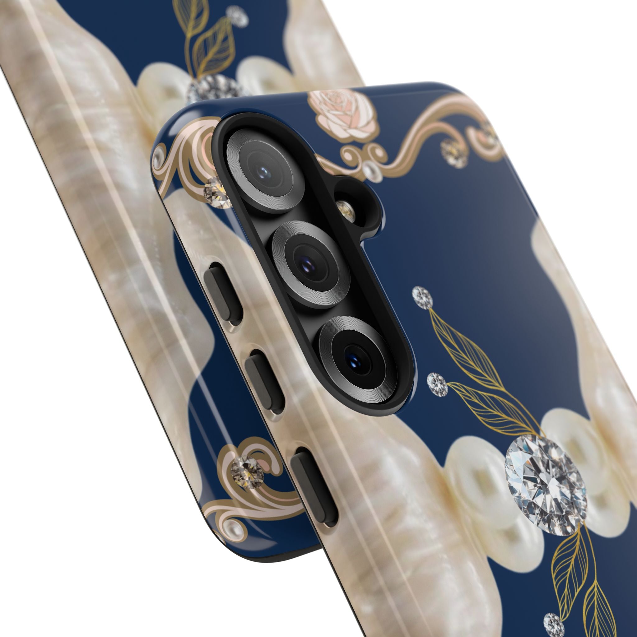 Navy Pearl & Diamond Phone Case — Elegant Floral Baroque Tough Case