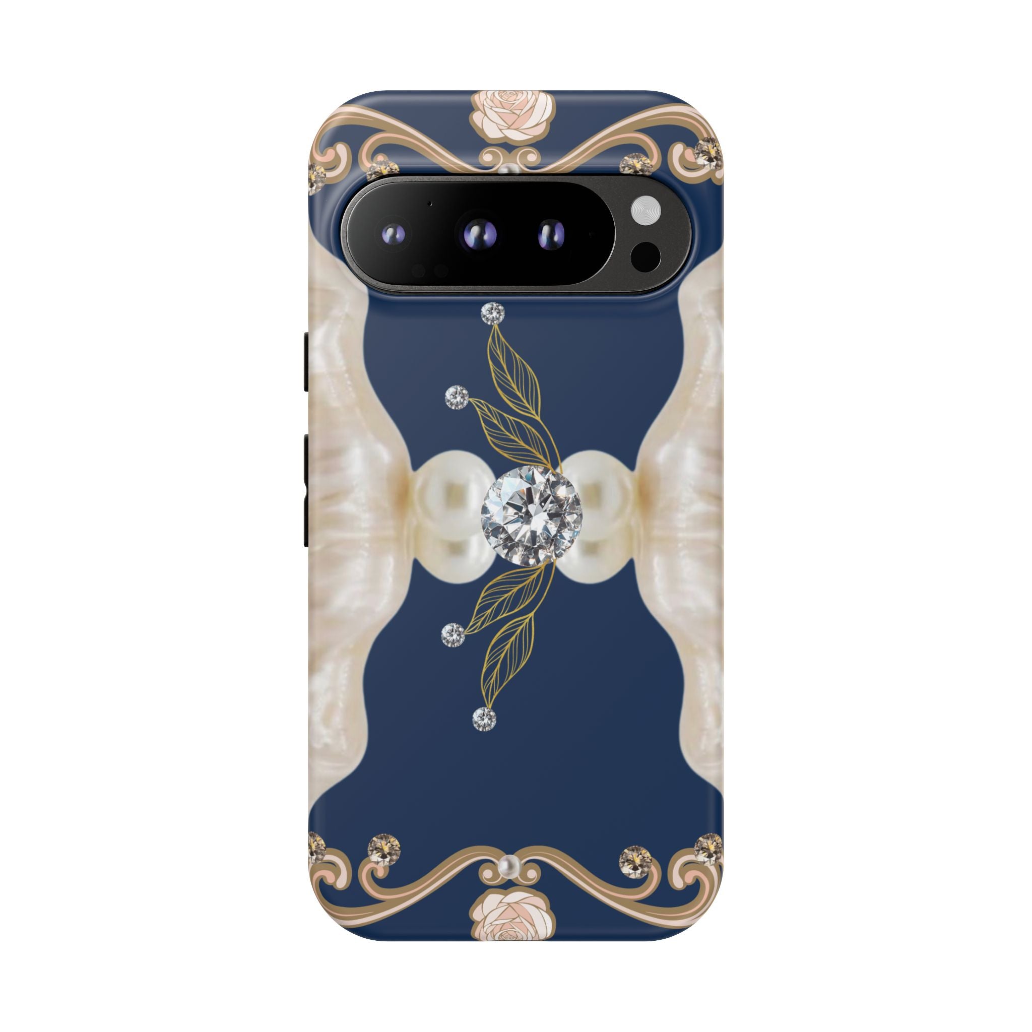 Navy Pearl & Diamond Phone Case — Elegant Floral Baroque Tough Case