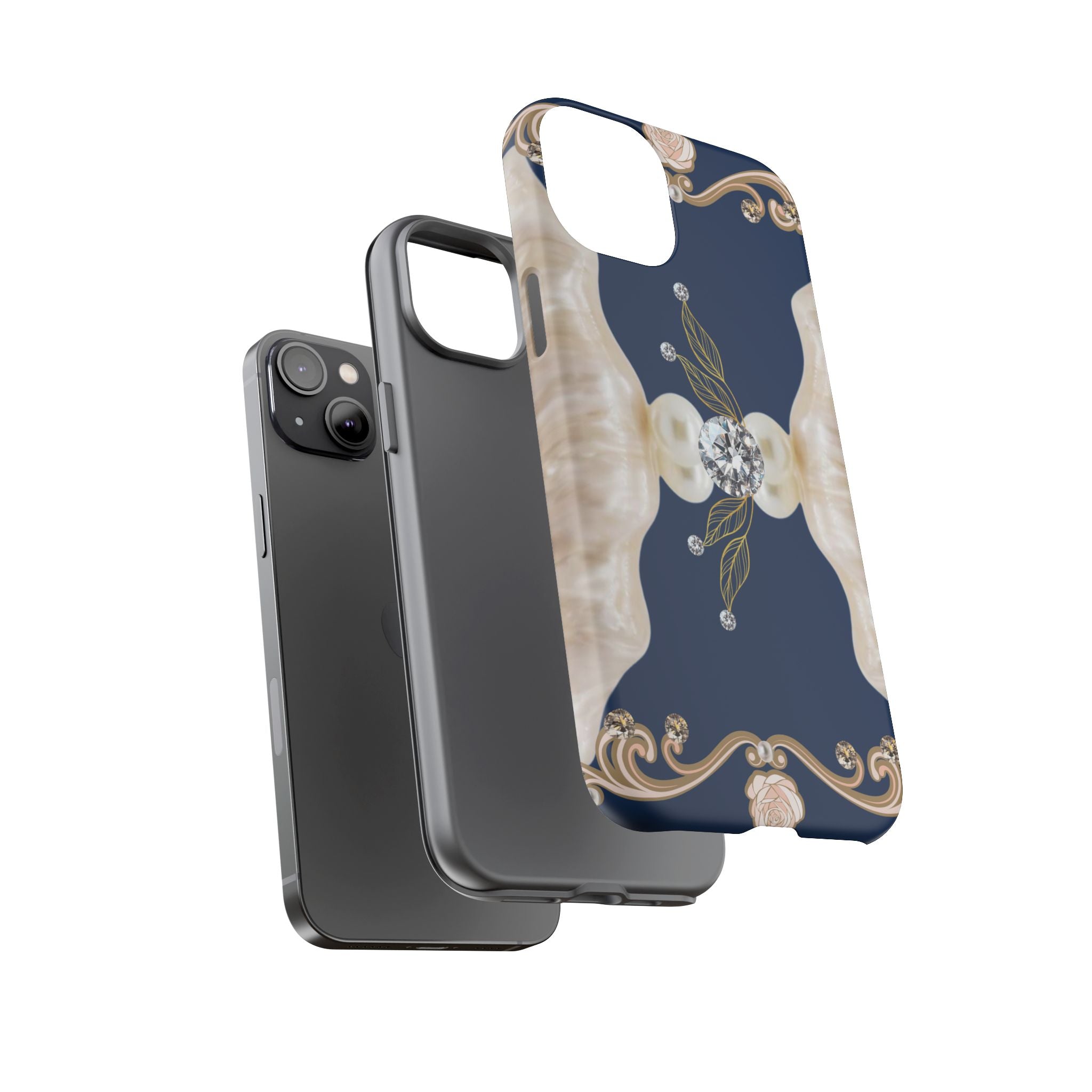 Navy Pearl & Diamond Phone Case — Elegant Floral Baroque Tough Case