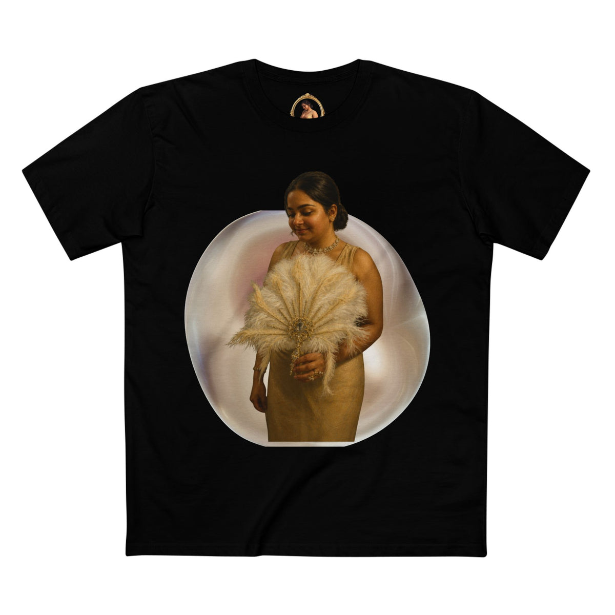 Drashti T‑Shirt — Vintage Portrait Bubble with 'We Will Be Home' Script