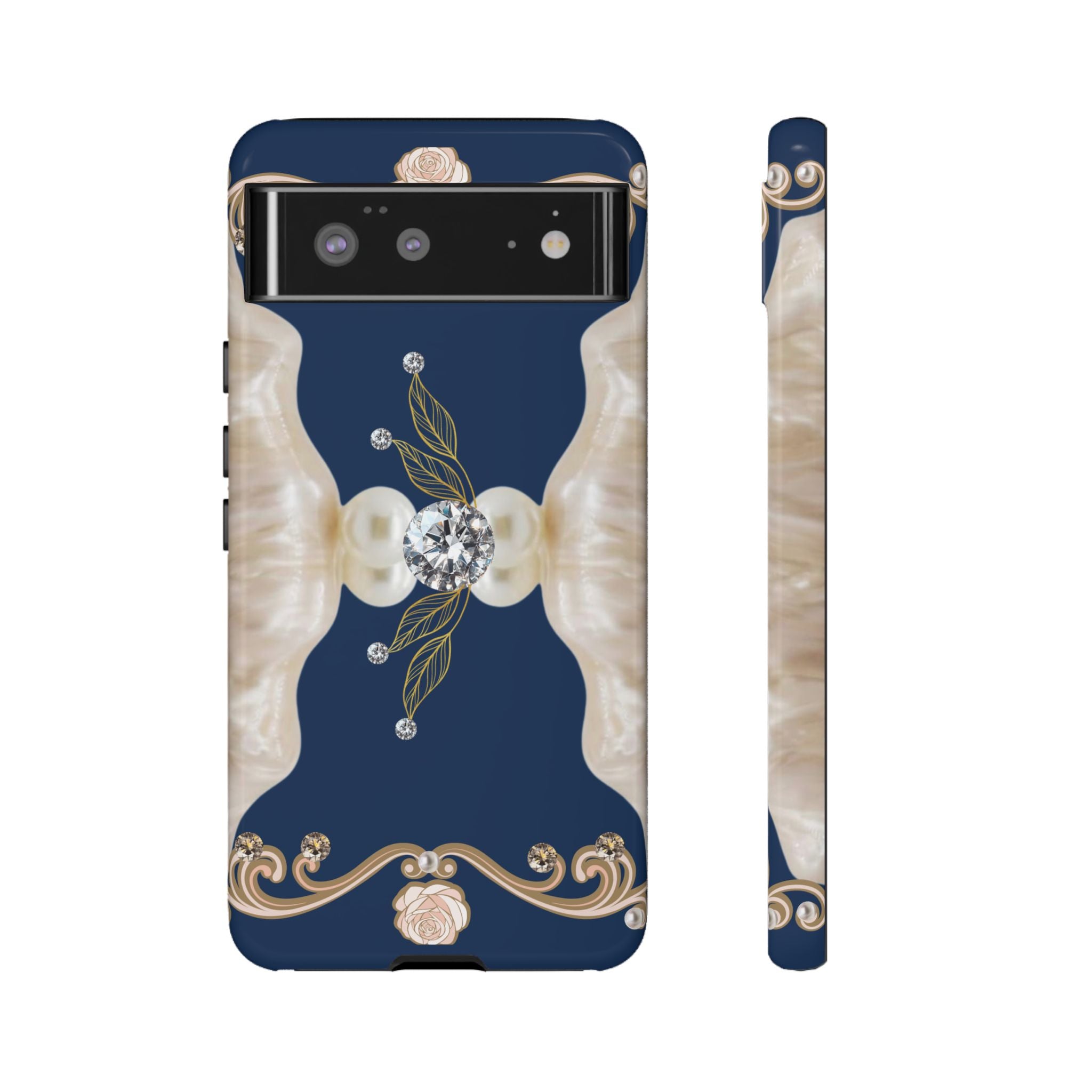 Navy Pearl & Diamond Phone Case — Elegant Floral Baroque Tough Case