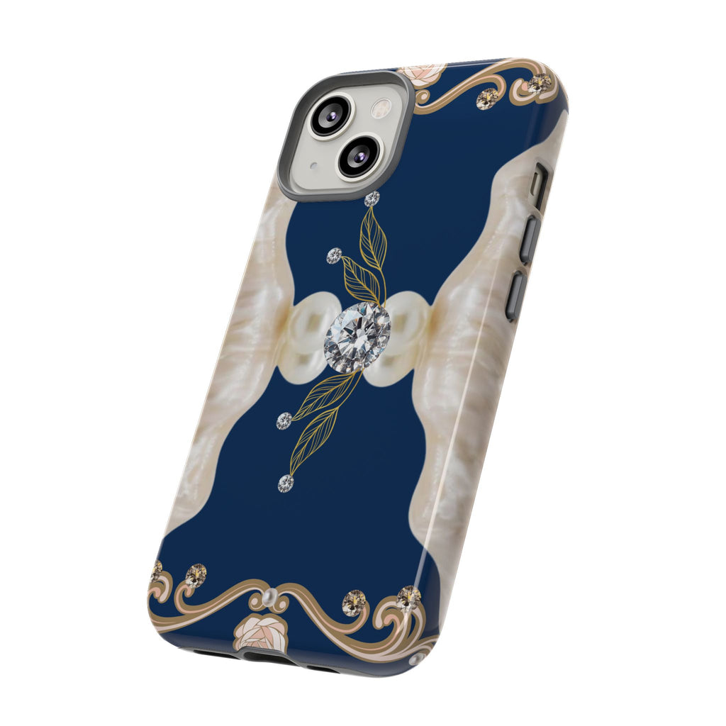 Navy Pearl & Diamond Phone Case — Elegant Floral Baroque Tough Case