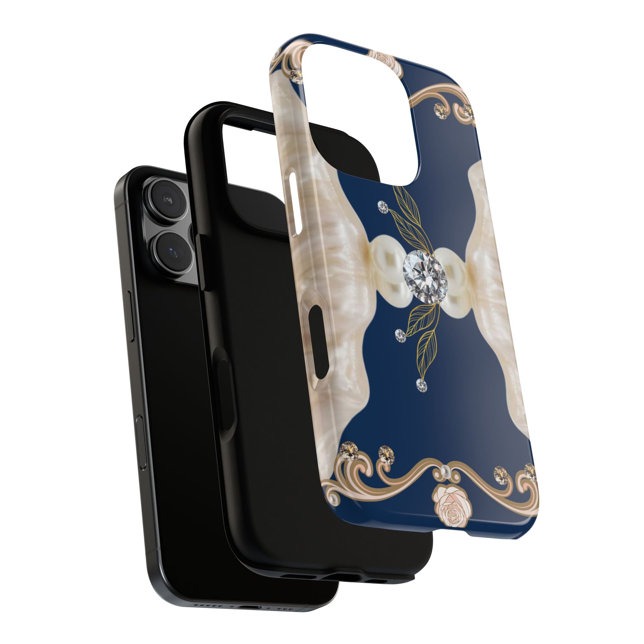 Navy Pearl & Diamond Phone Case — Elegant Floral Baroque Tough Case