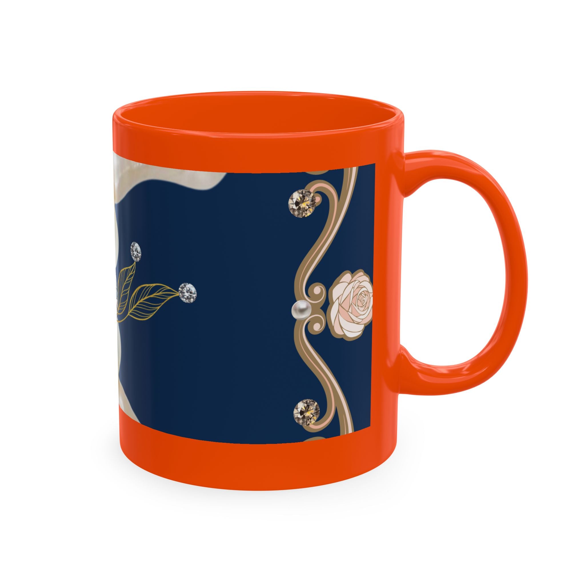 Pearl & Diamond Navy Ceramic Mug — Elegant Vintage Jewelry Design