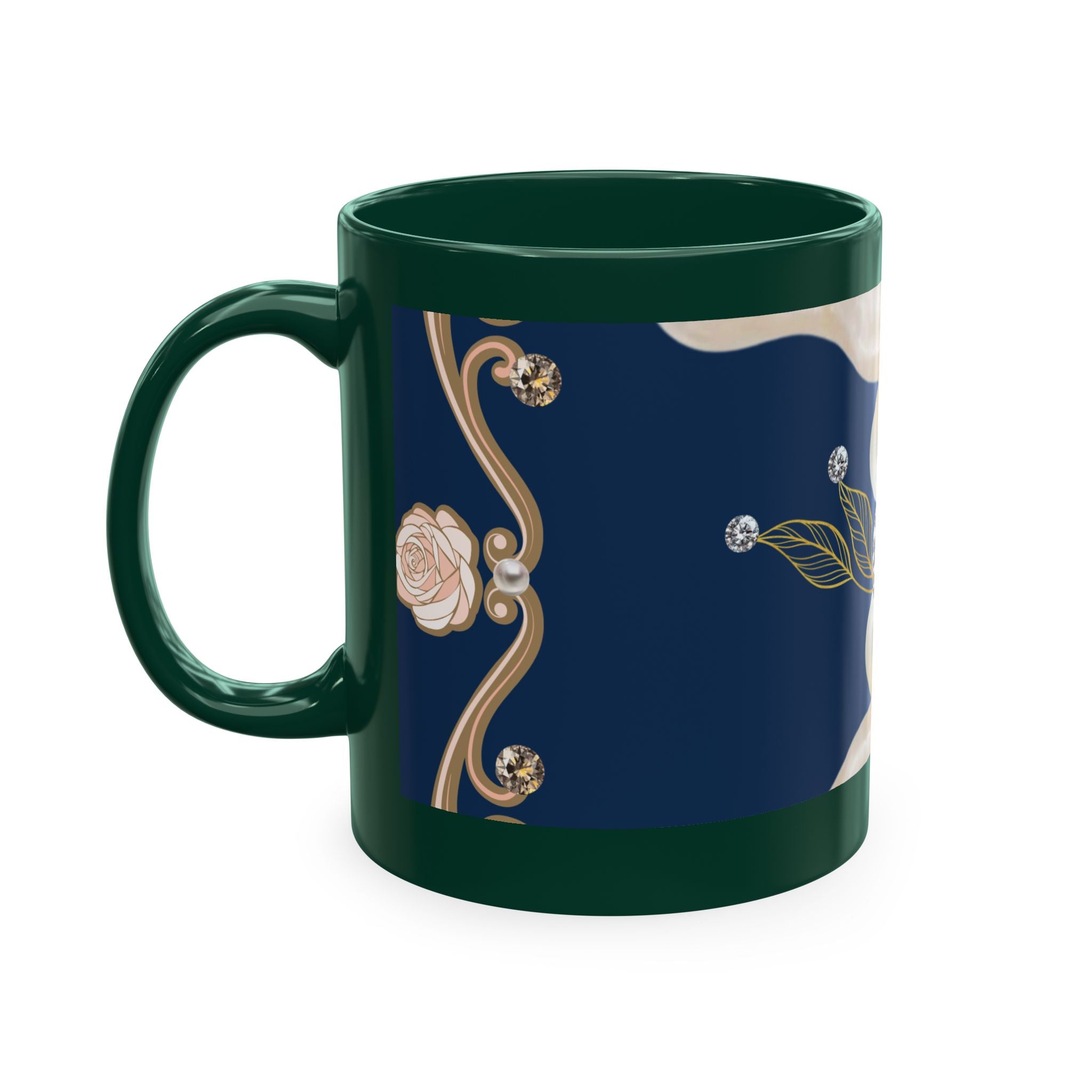 Pearl & Diamond Navy Ceramic Mug — Elegant Vintage Jewelry Design