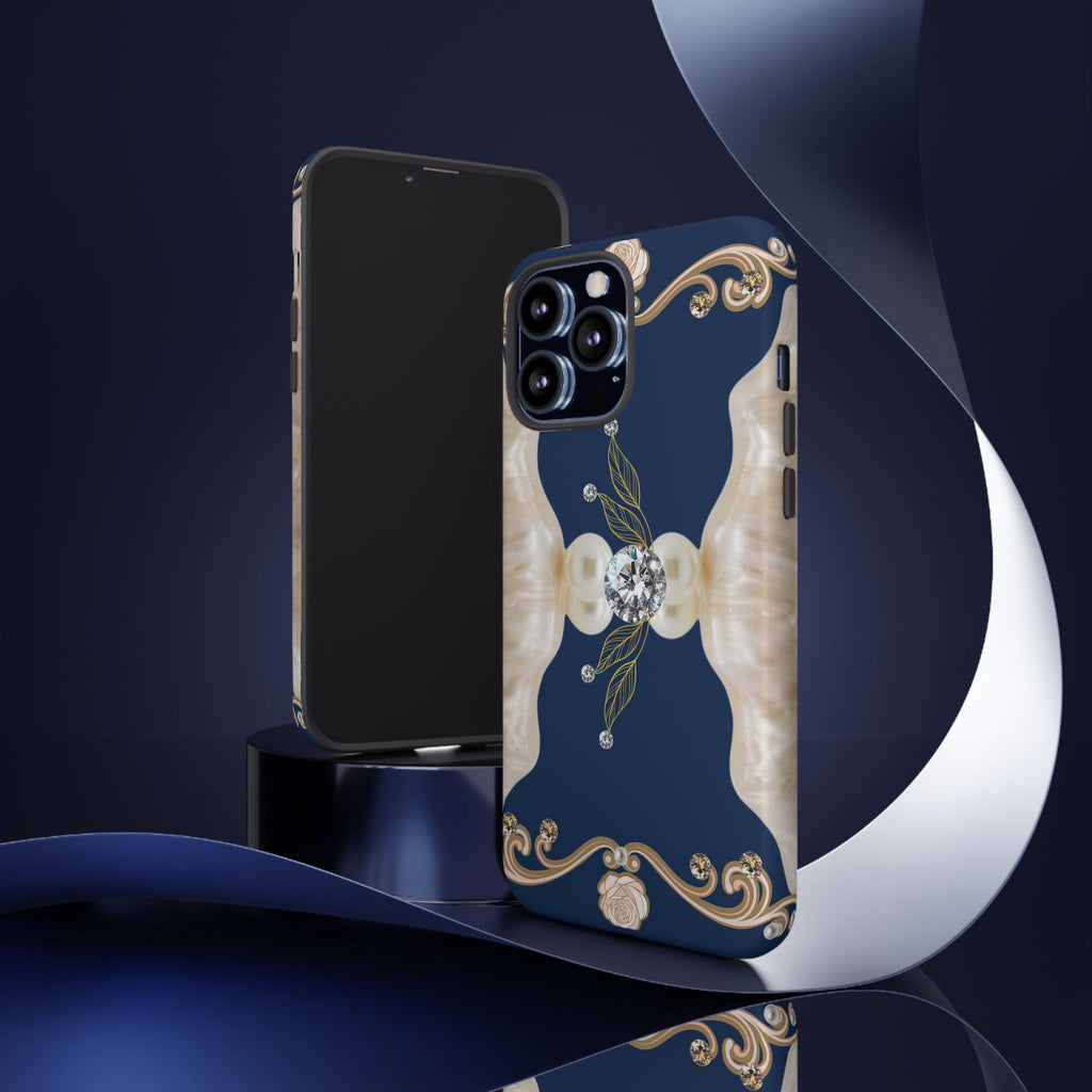 Navy Pearl & Diamond Phone Case — Elegant Floral Baroque Tough Case