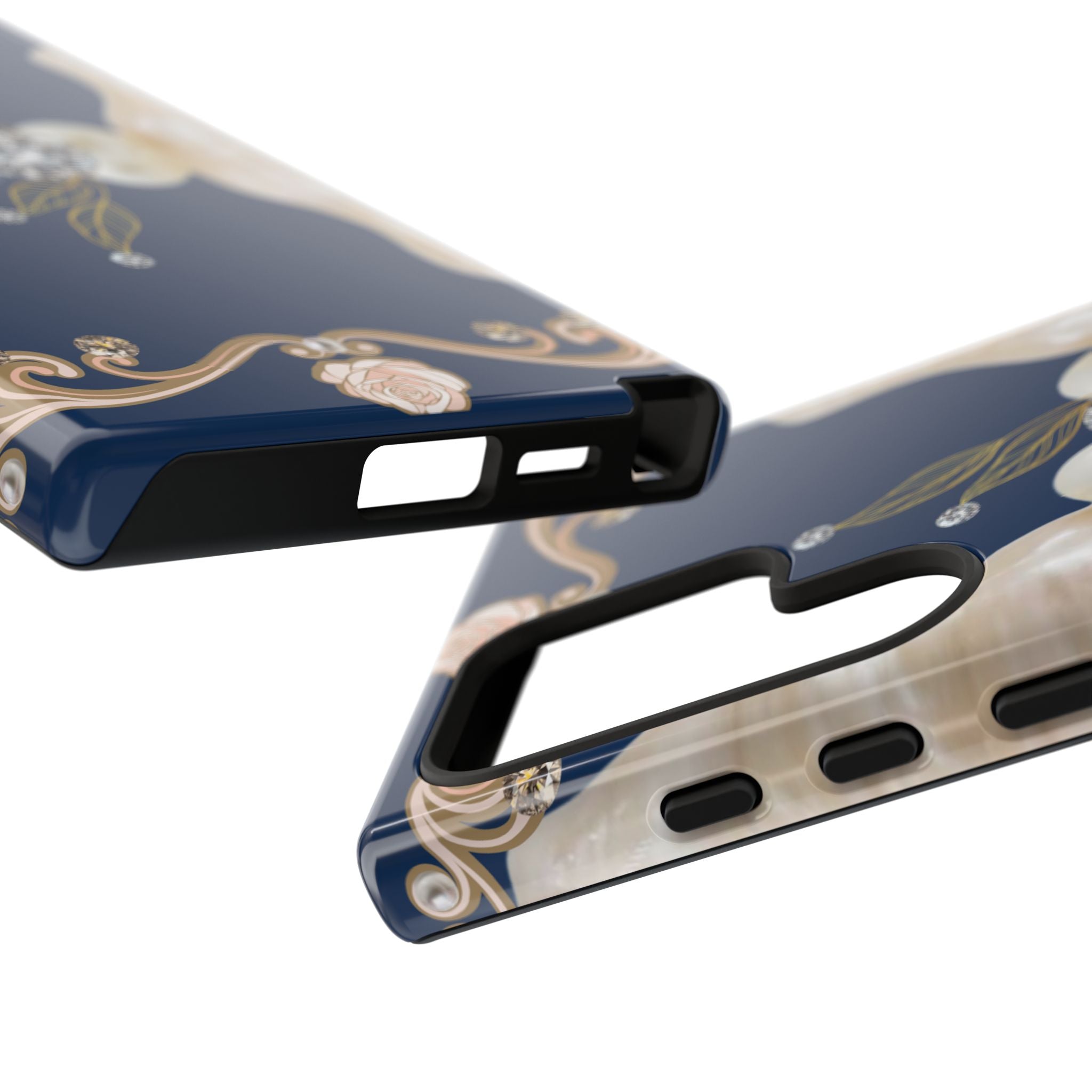 Navy Pearl & Diamond Phone Case — Elegant Floral Baroque Tough Case