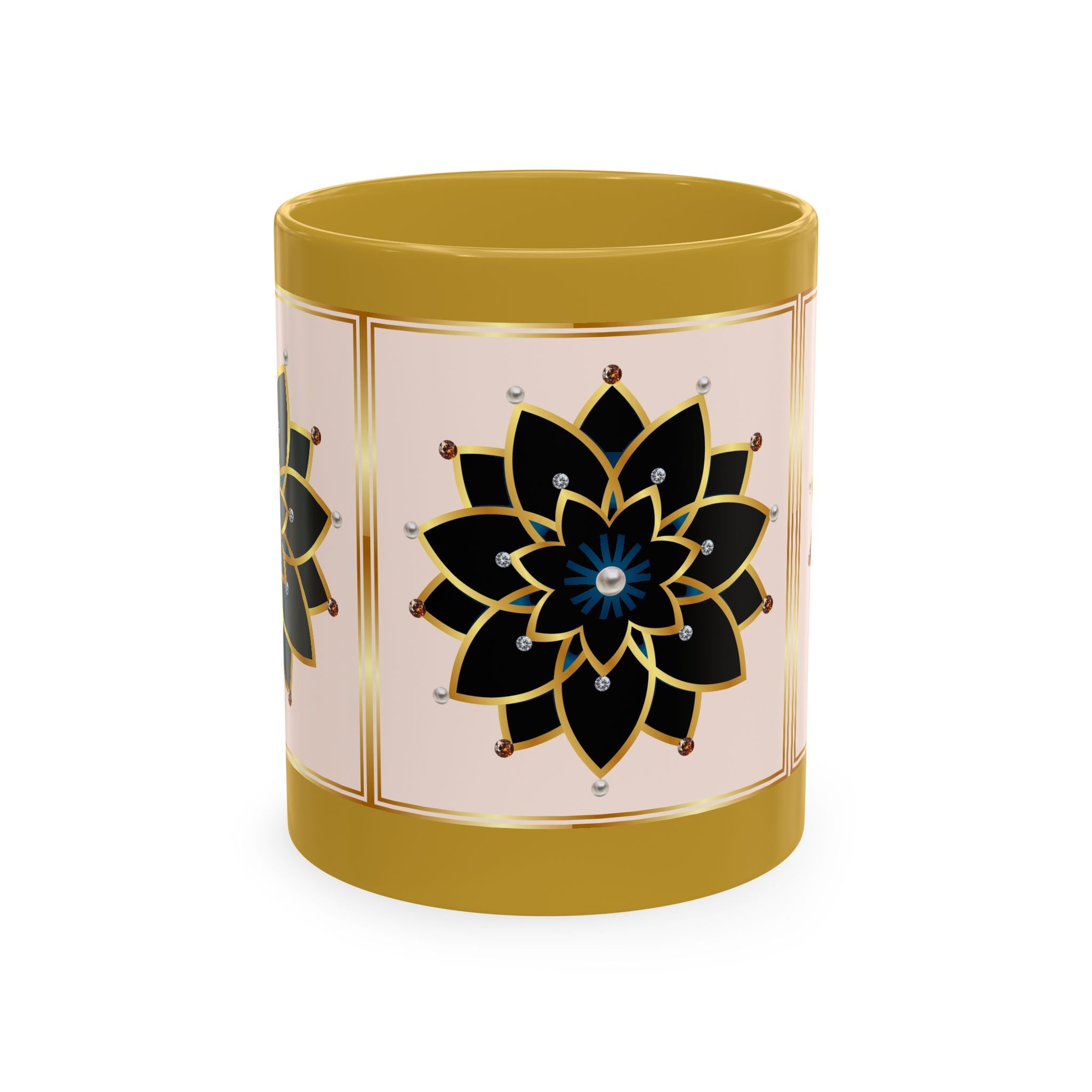 Ceramic Mug — Elegant Black & Gold Floral Mandala Design