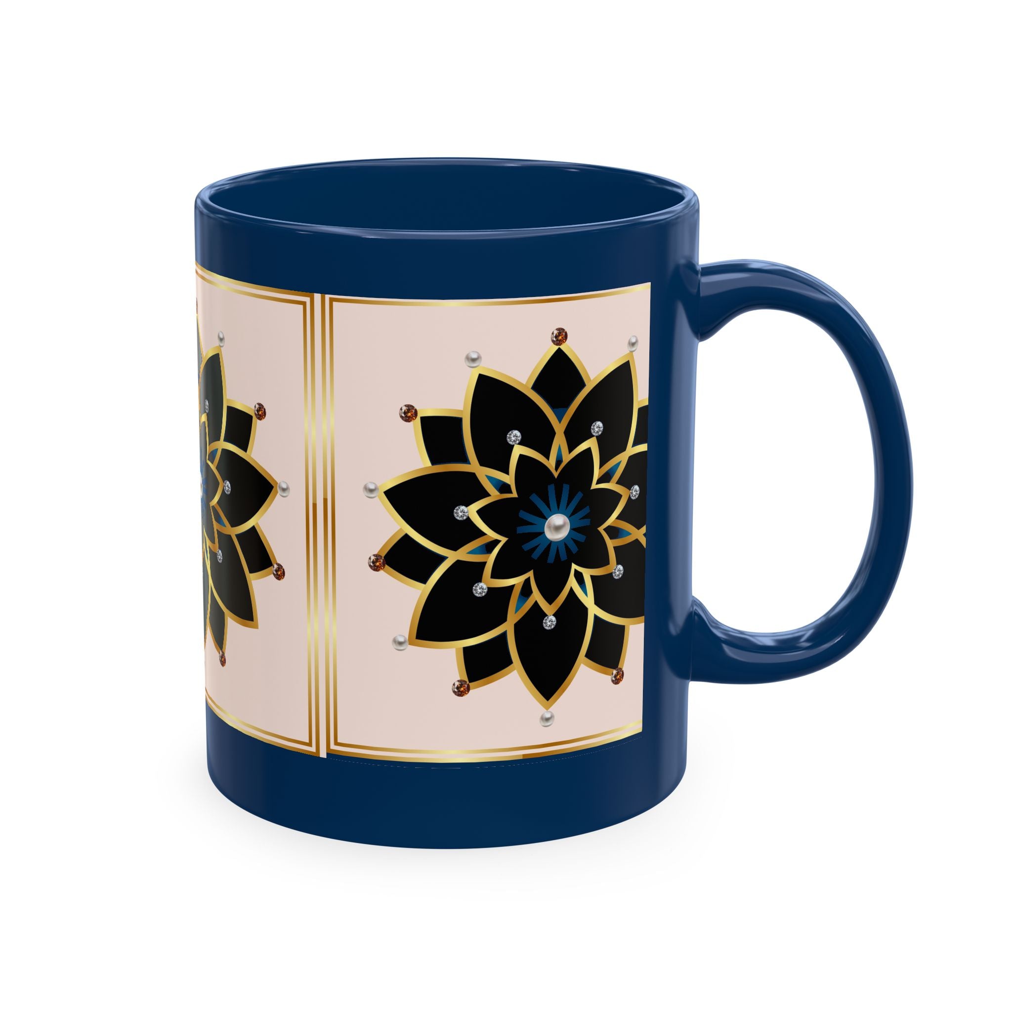 Ceramic Mug — Elegant Black & Gold Floral Mandala Design