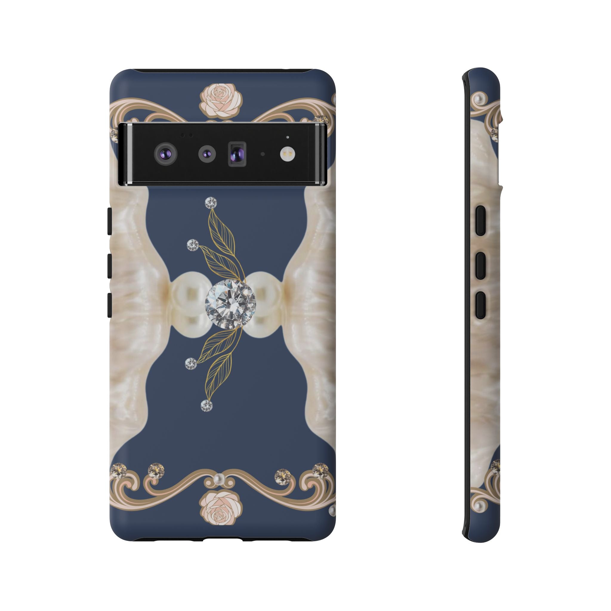 Navy Pearl & Diamond Phone Case — Elegant Floral Baroque Tough Case