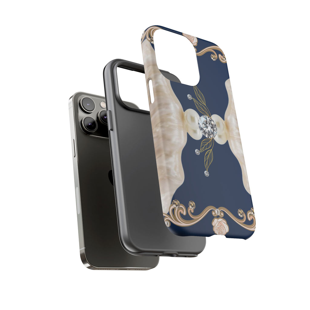 Navy Pearl & Diamond Phone Case — Elegant Floral Baroque Tough Case