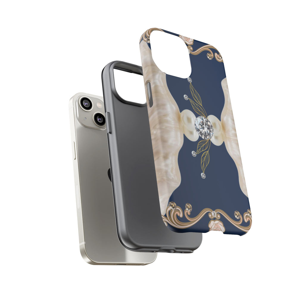 Navy Pearl & Diamond Phone Case — Elegant Floral Baroque Tough Case