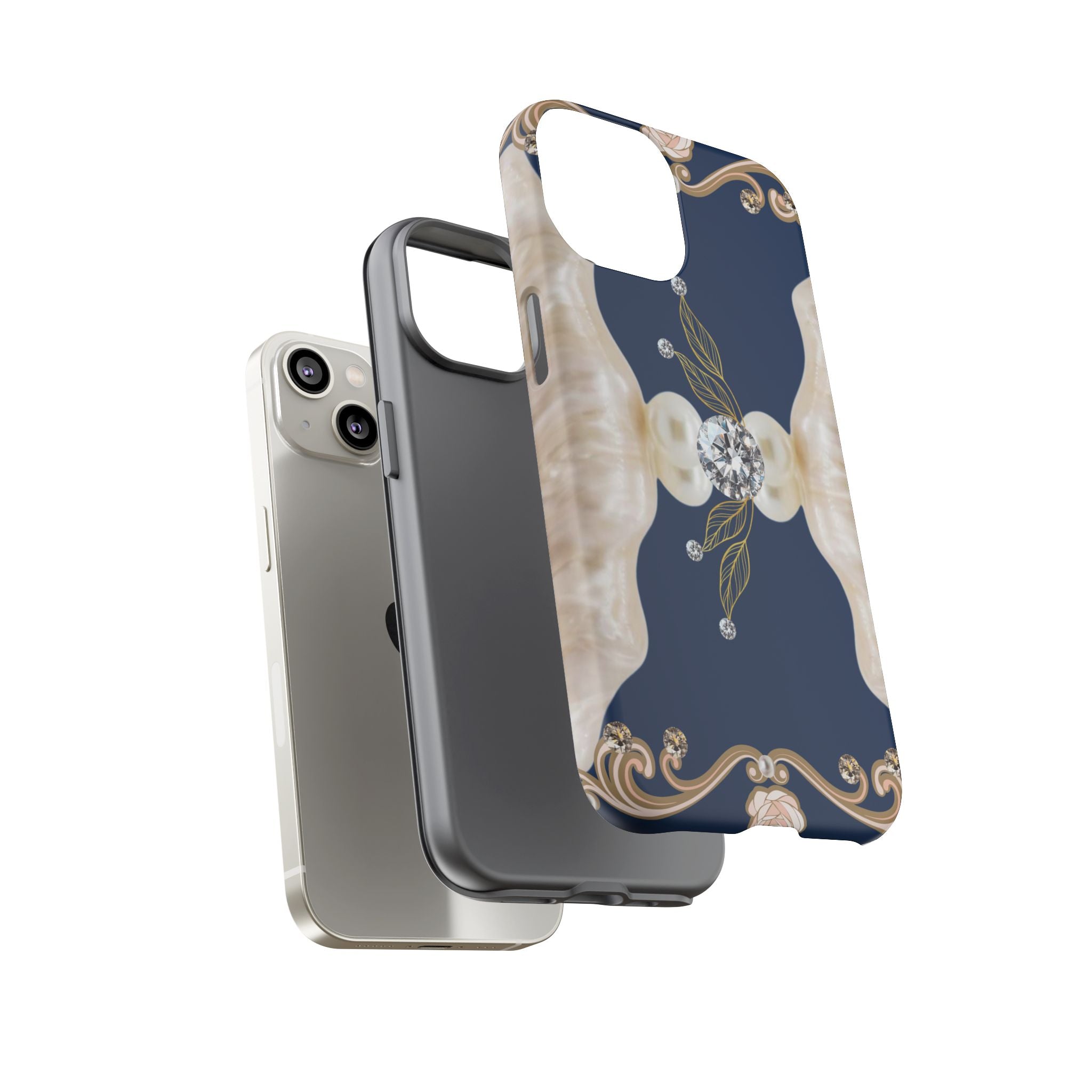 Navy Pearl & Diamond Phone Case — Elegant Floral Baroque Tough Case