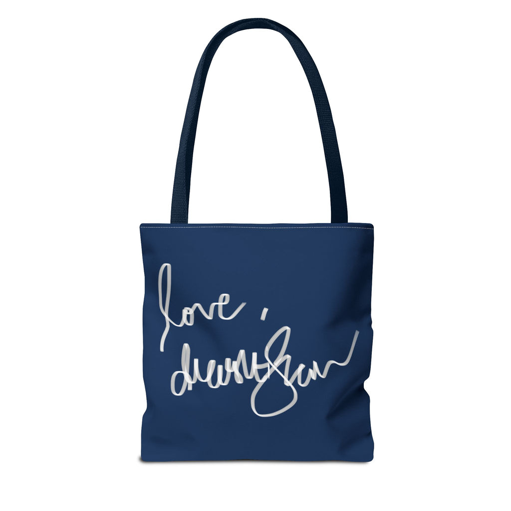 Mandala Floral Tote Bag — Navy 'Love, [Signature]' All-Over Print