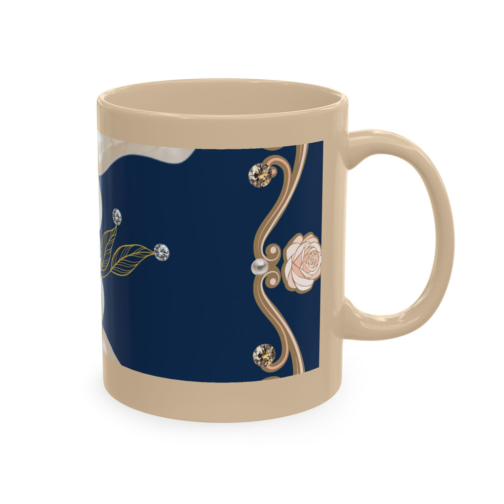 Pearl & Diamond Navy Ceramic Mug — Elegant Vintage Jewelry Design