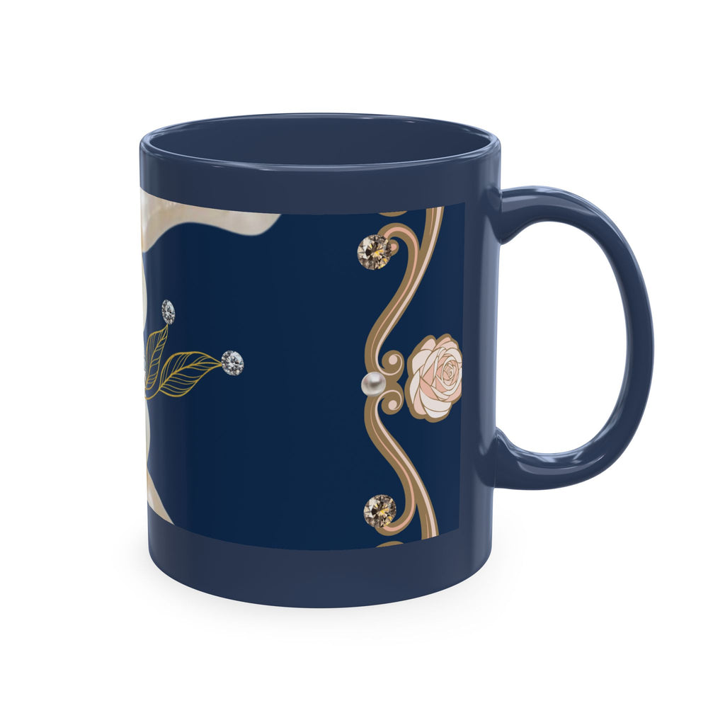 Pearl & Diamond Navy Ceramic Mug — Elegant Vintage Jewelry Design