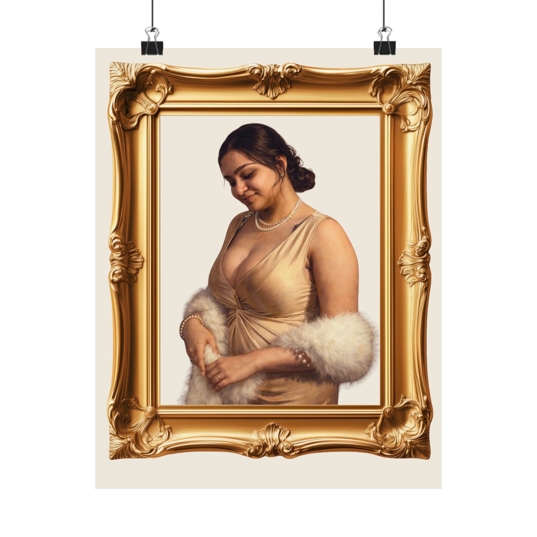 Vintage Portrait Satin Poster — Elegant Gold Frame Wall Art