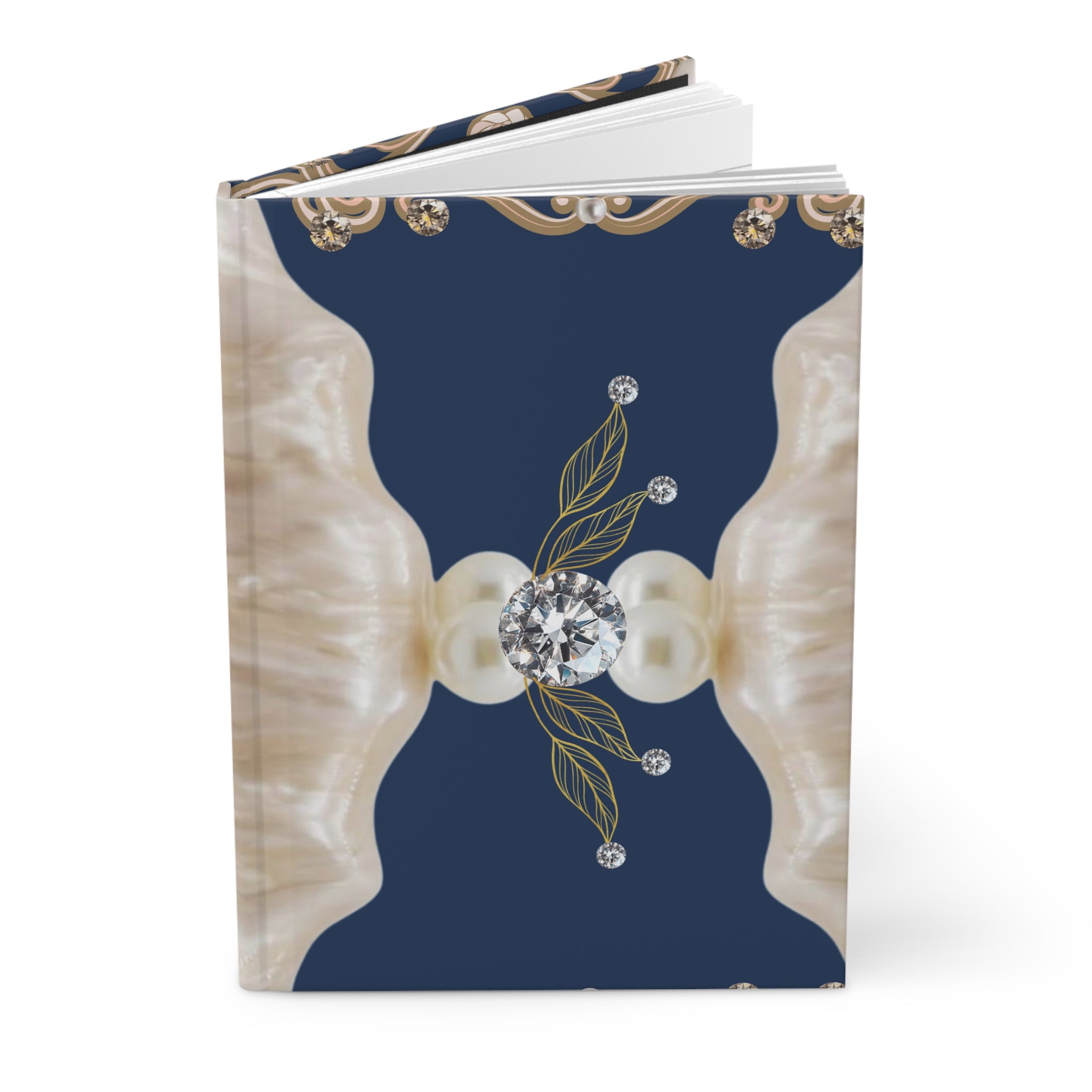 Pearl & Jewel Hardcover Journal — Elegant Navy Floral Notebook