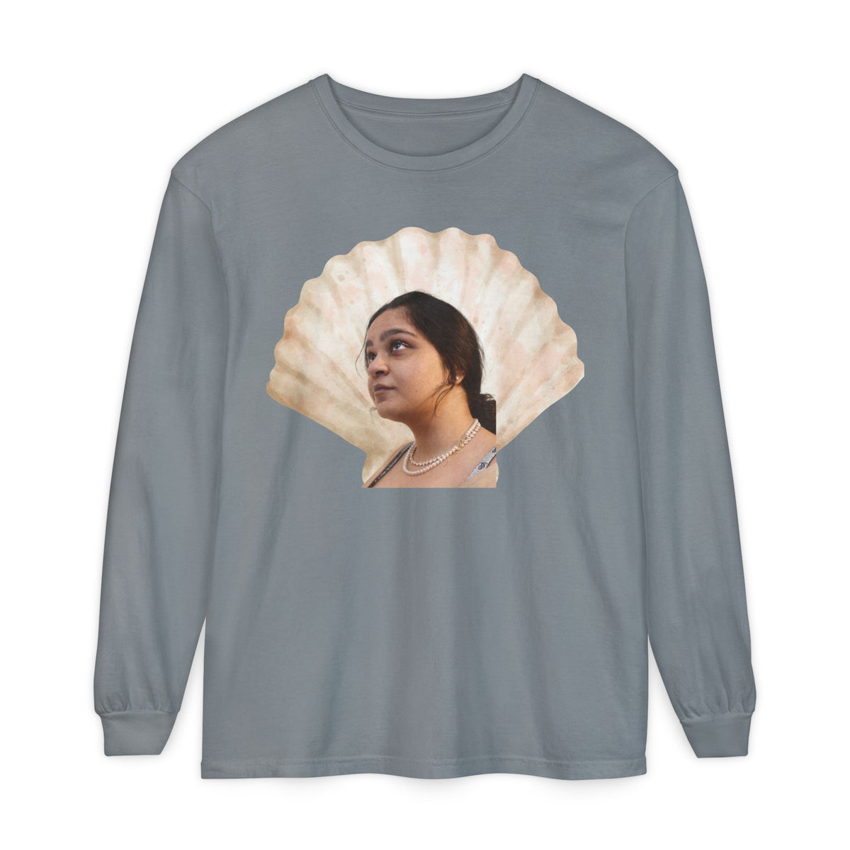 Drashti Shell Portrait Long Sleeve Tee — “We Will Be Home” Back Script
