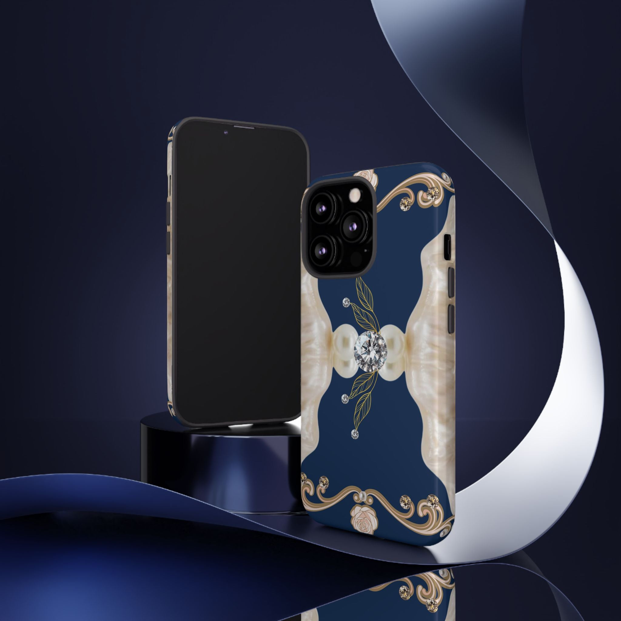 Navy Pearl & Diamond Phone Case — Elegant Floral Baroque Tough Case