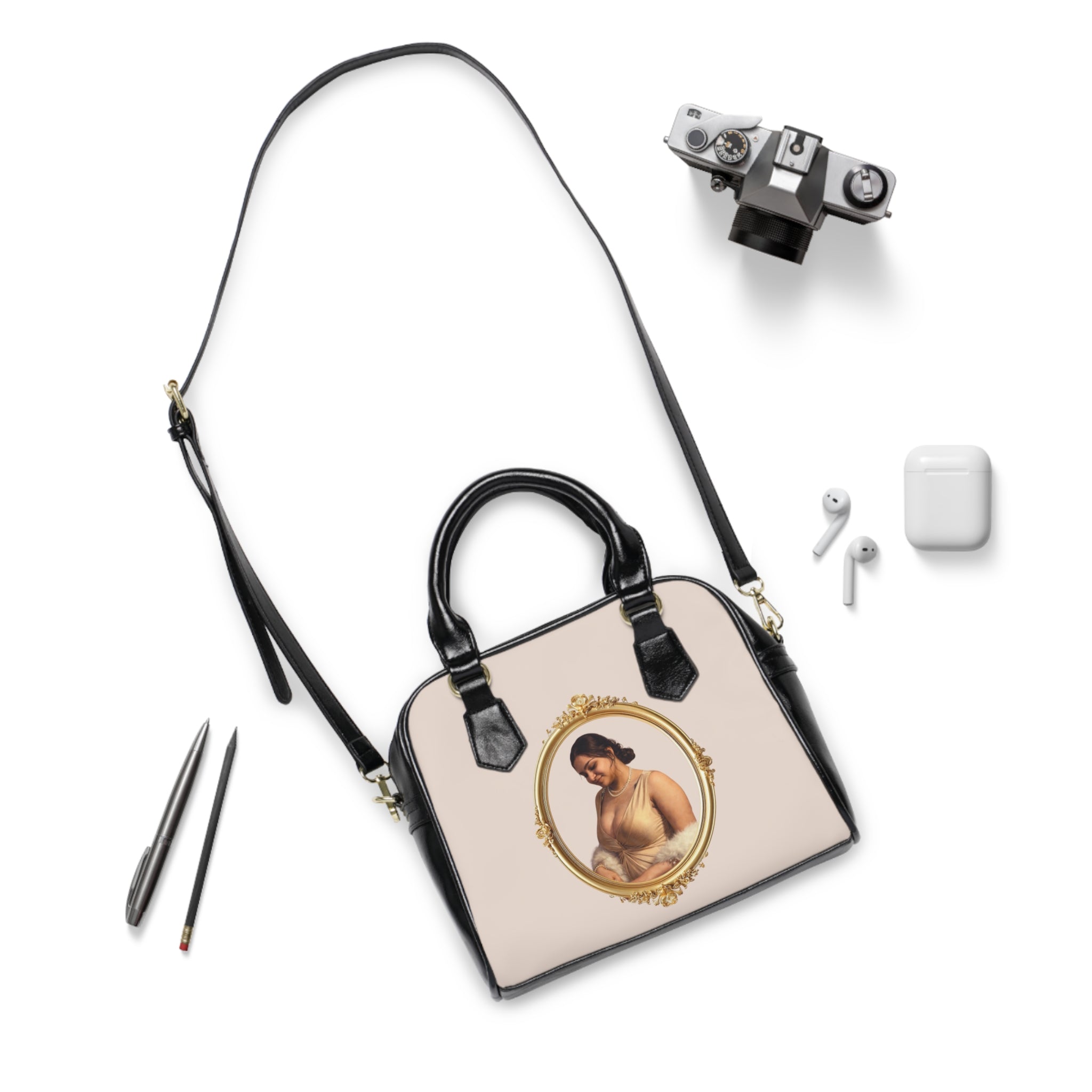 Vintage Portrait Pearl-Accent Shoulder Handbag — Elegant Navy Framed Art Purse