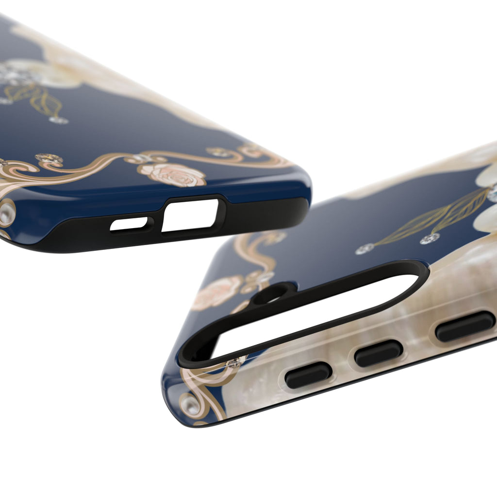 Navy Pearl & Diamond Phone Case — Elegant Floral Baroque Tough Case