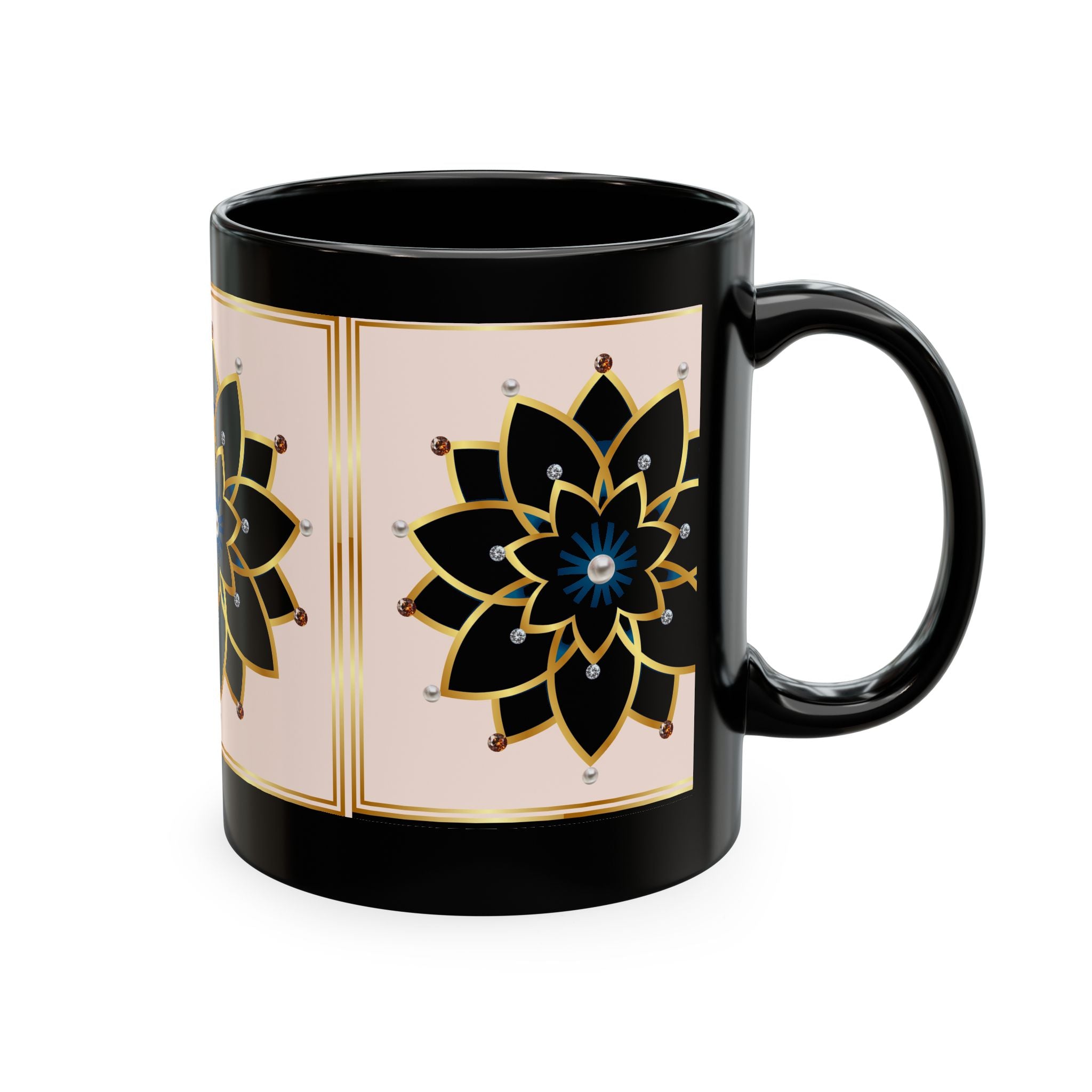 Ceramic Mug — Elegant Black & Gold Floral Mandala Design
