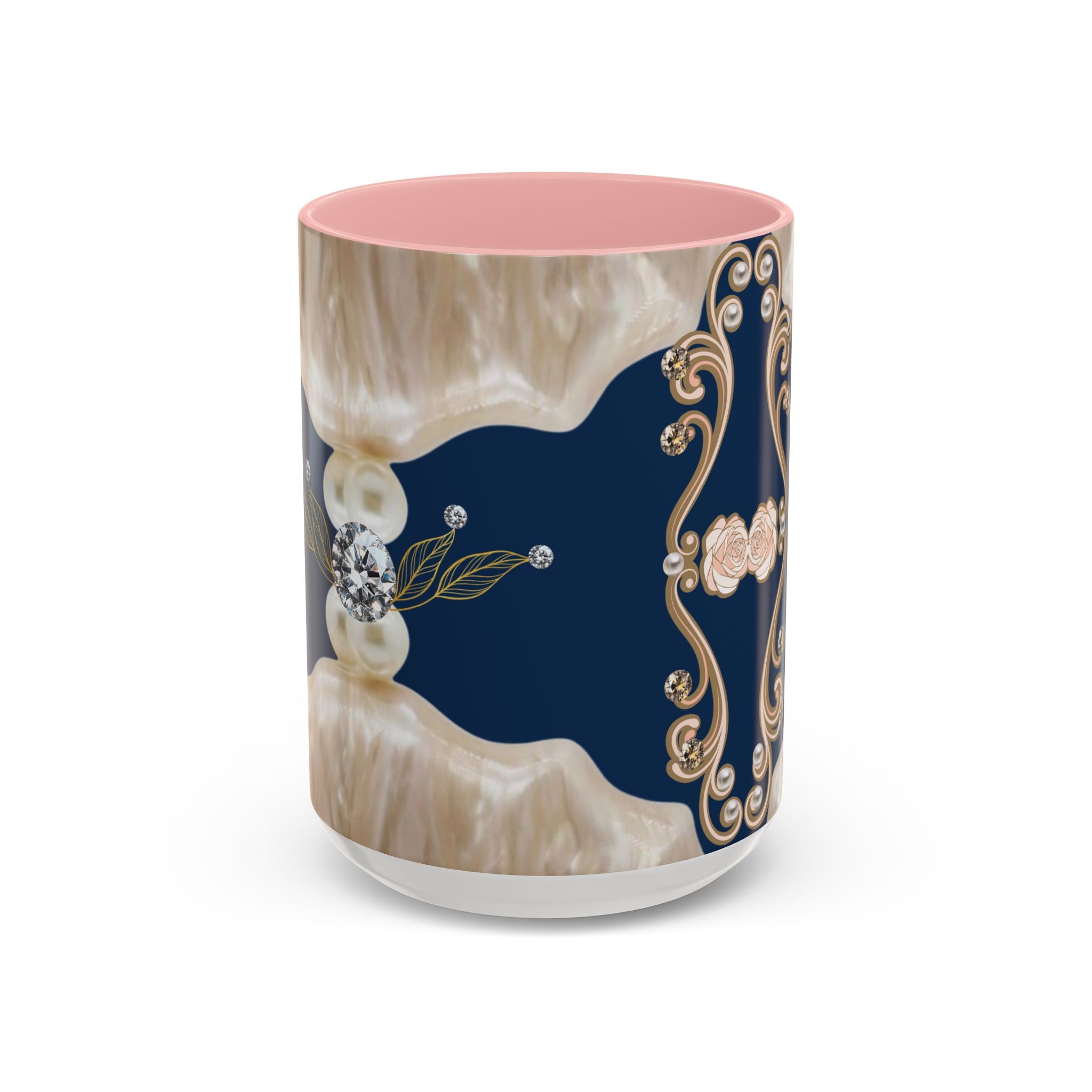 Elegant Navy Pearl Accent Coffee Mug - Vintage Baroque Floral Design (11/15oz)