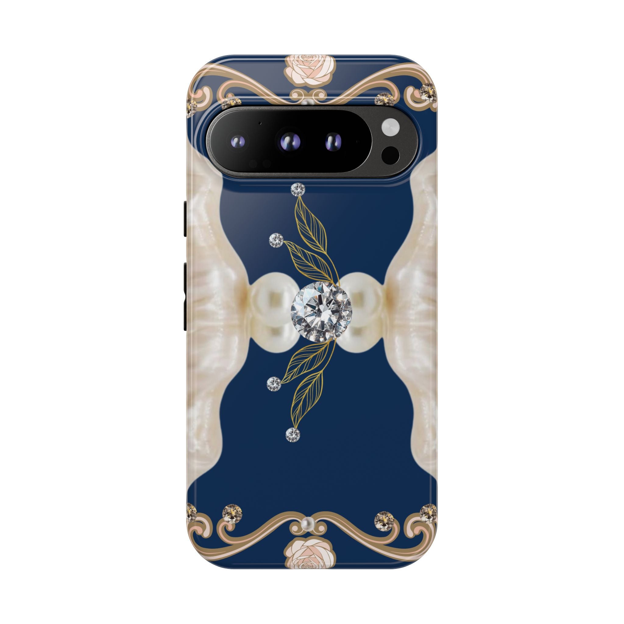 Navy Pearl & Diamond Phone Case — Elegant Floral Baroque Tough Case