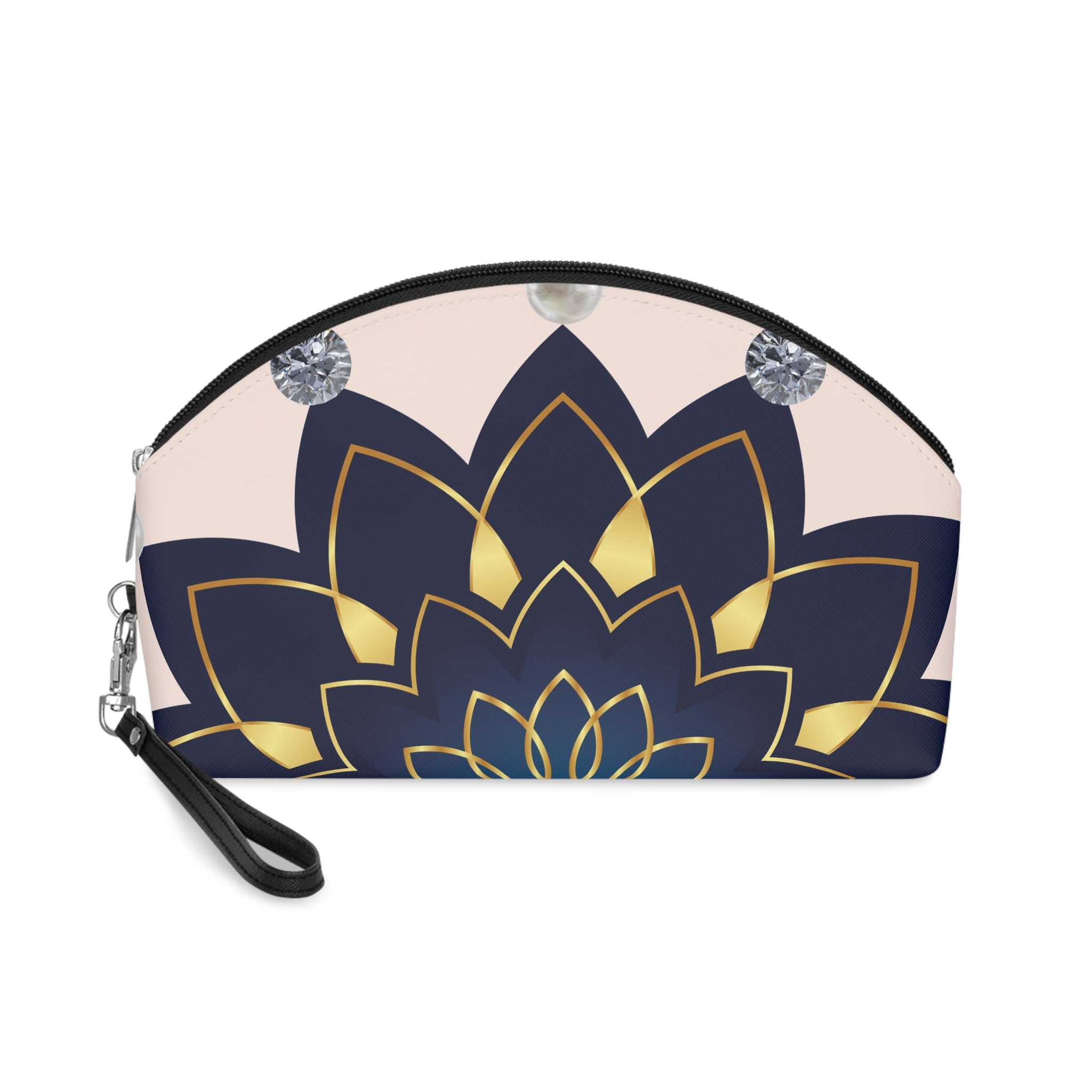 Navy & Gold Lotus Makeup Bag — Elegant Floral Cosmetic Pouch with Pearl Detail