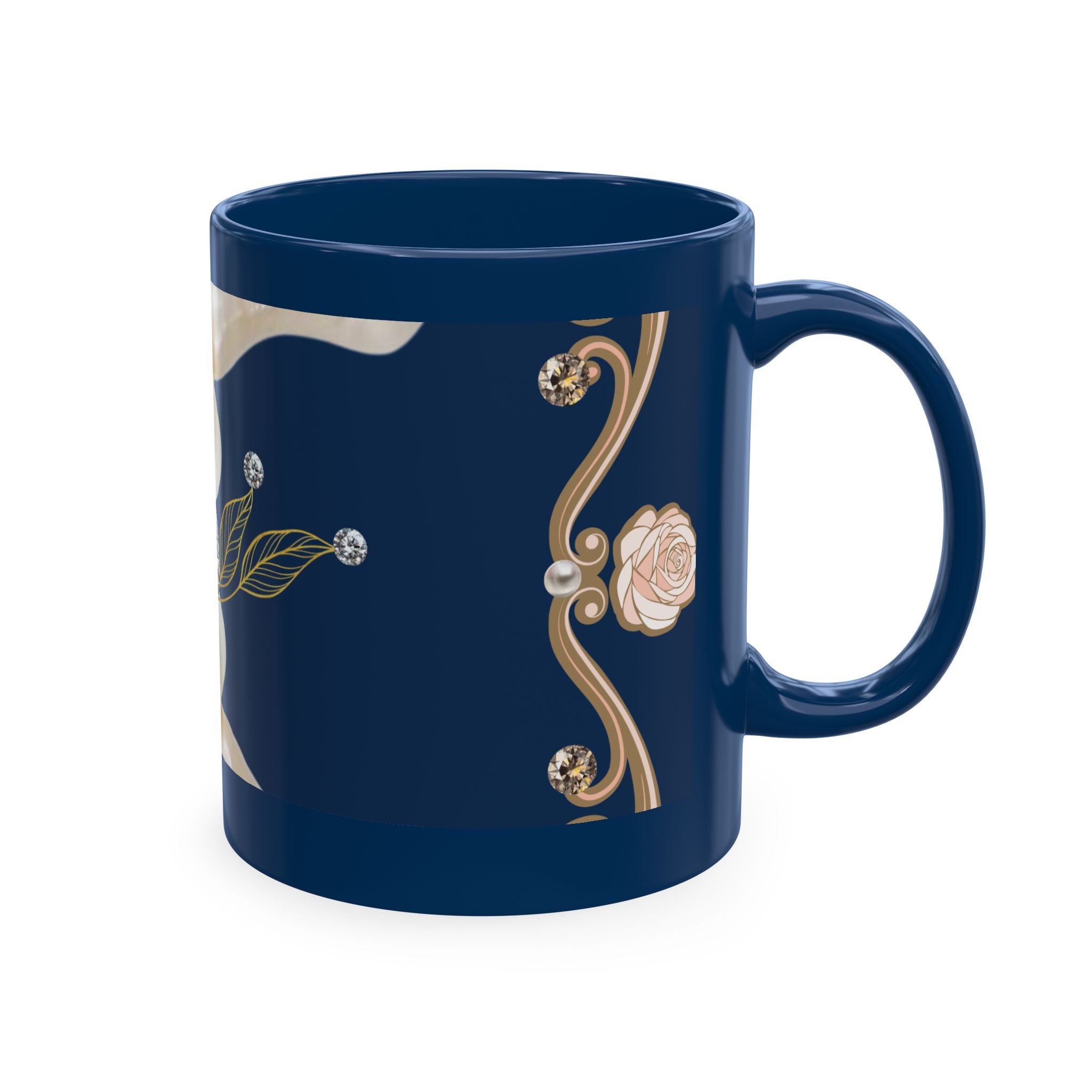 Pearl & Diamond Navy Ceramic Mug — Elegant Vintage Jewelry Design