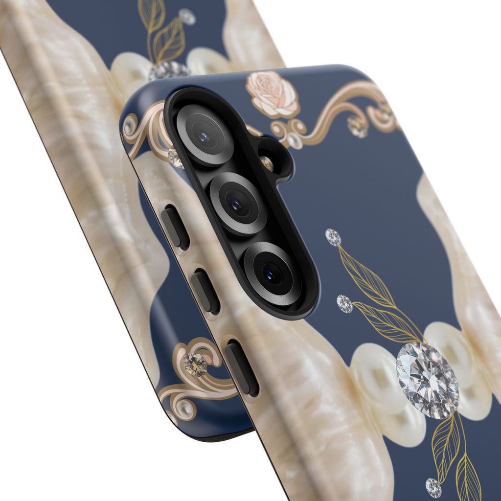 Navy Pearl & Diamond Phone Case — Elegant Floral Baroque Tough Case