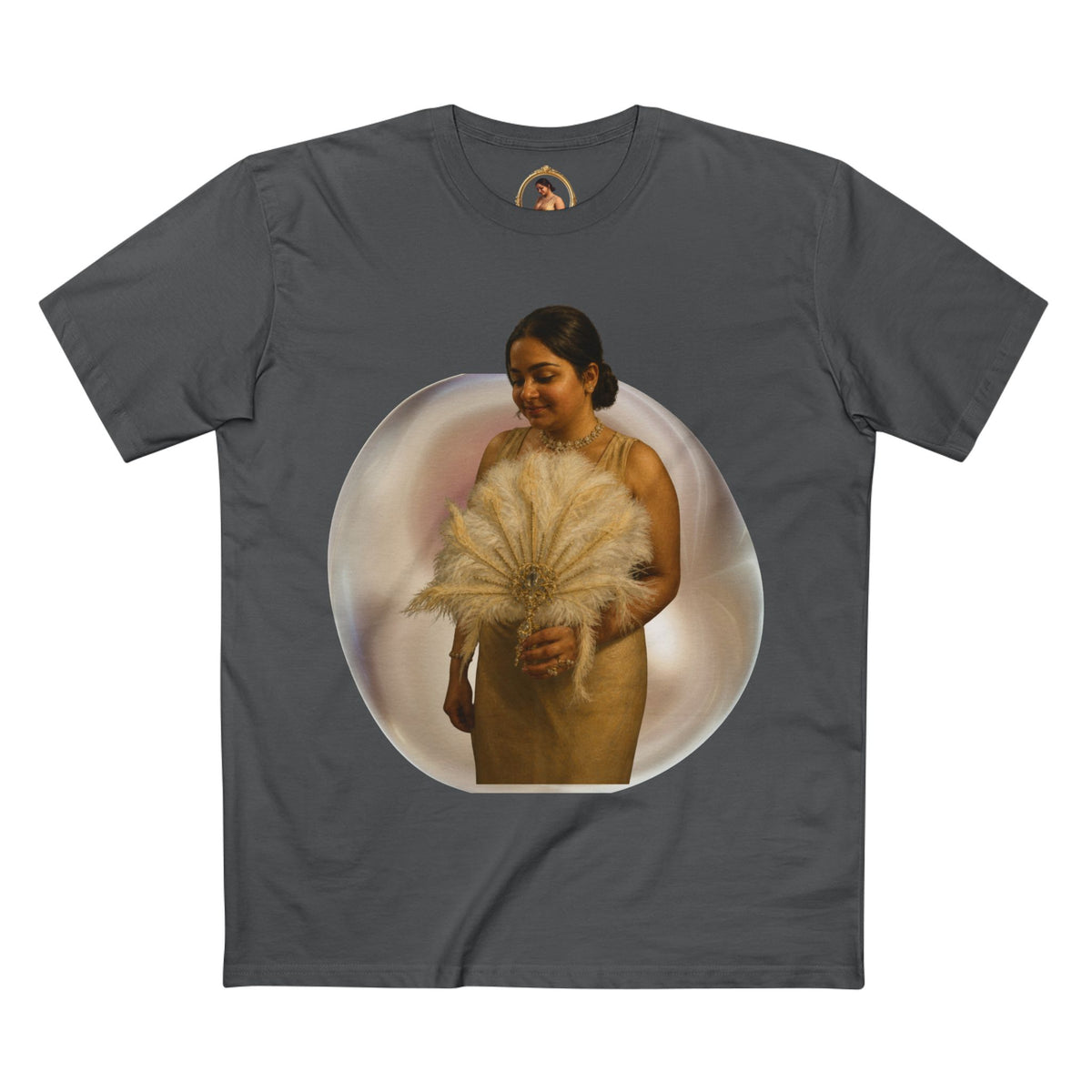 Drashti T‑Shirt — Vintage Portrait Bubble with 'We Will Be Home' Script