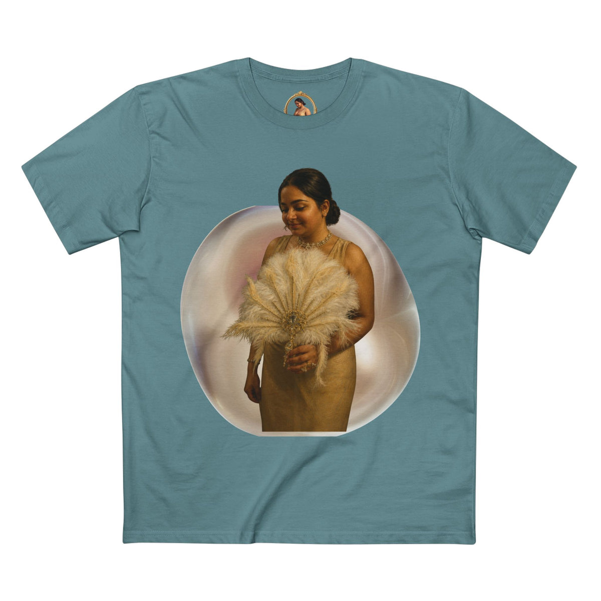 Drashti T‑Shirt — Vintage Portrait Bubble with 'We Will Be Home' Script