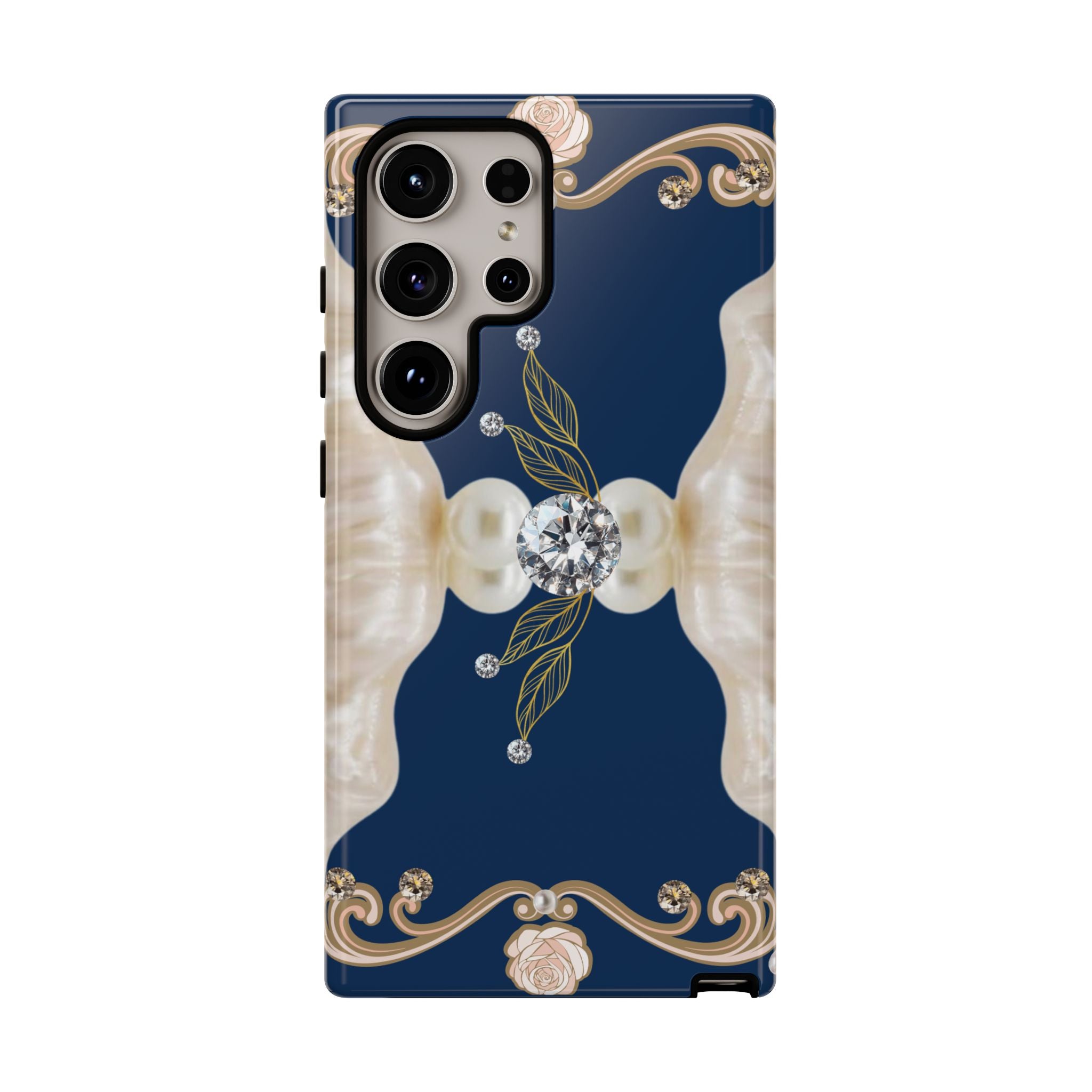Navy Pearl & Diamond Phone Case — Elegant Floral Baroque Tough Case