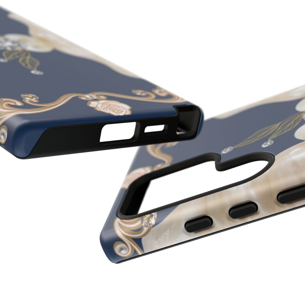 Navy Pearl & Diamond Phone Case — Elegant Floral Baroque Tough Case
