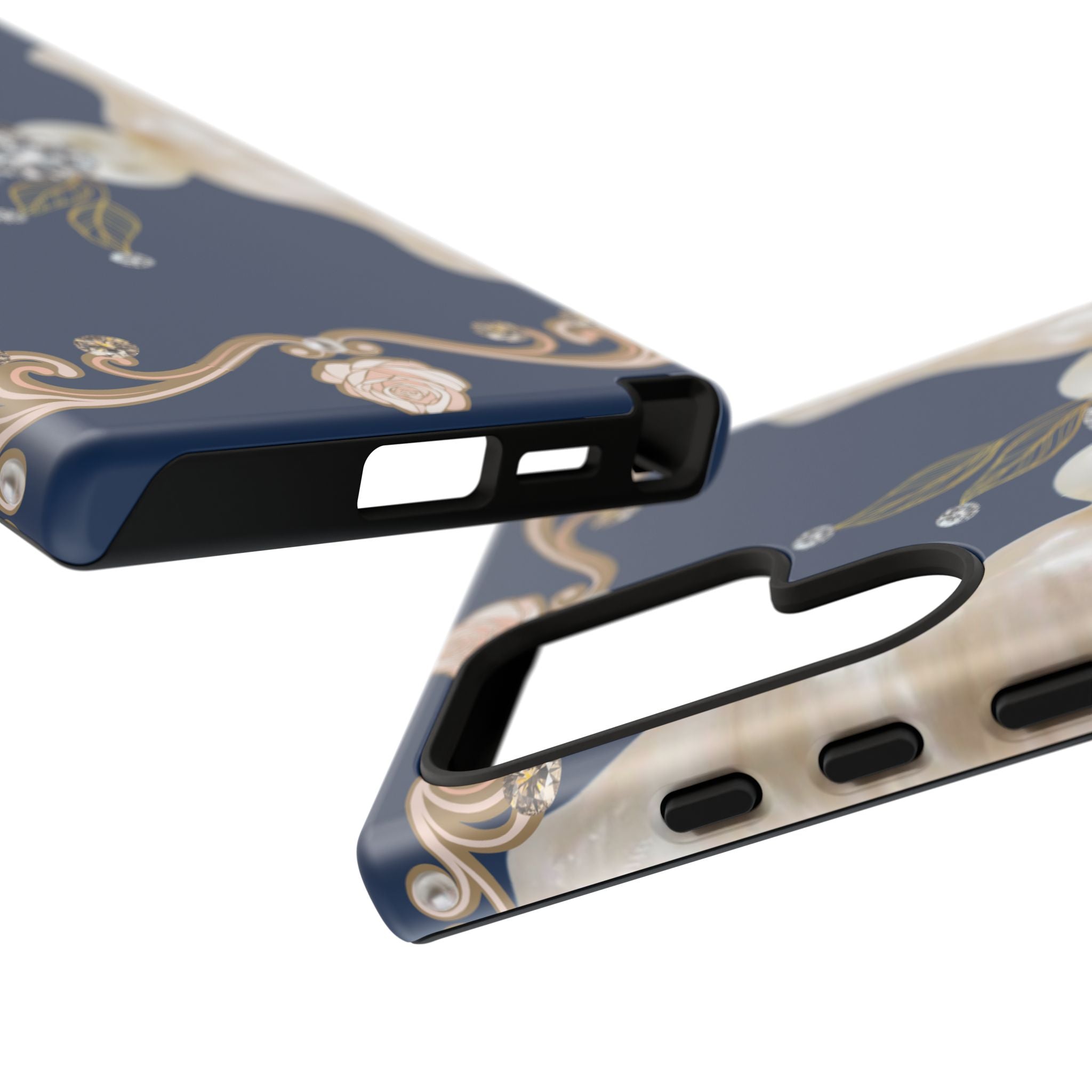 Navy Pearl & Diamond Phone Case — Elegant Floral Baroque Tough Case