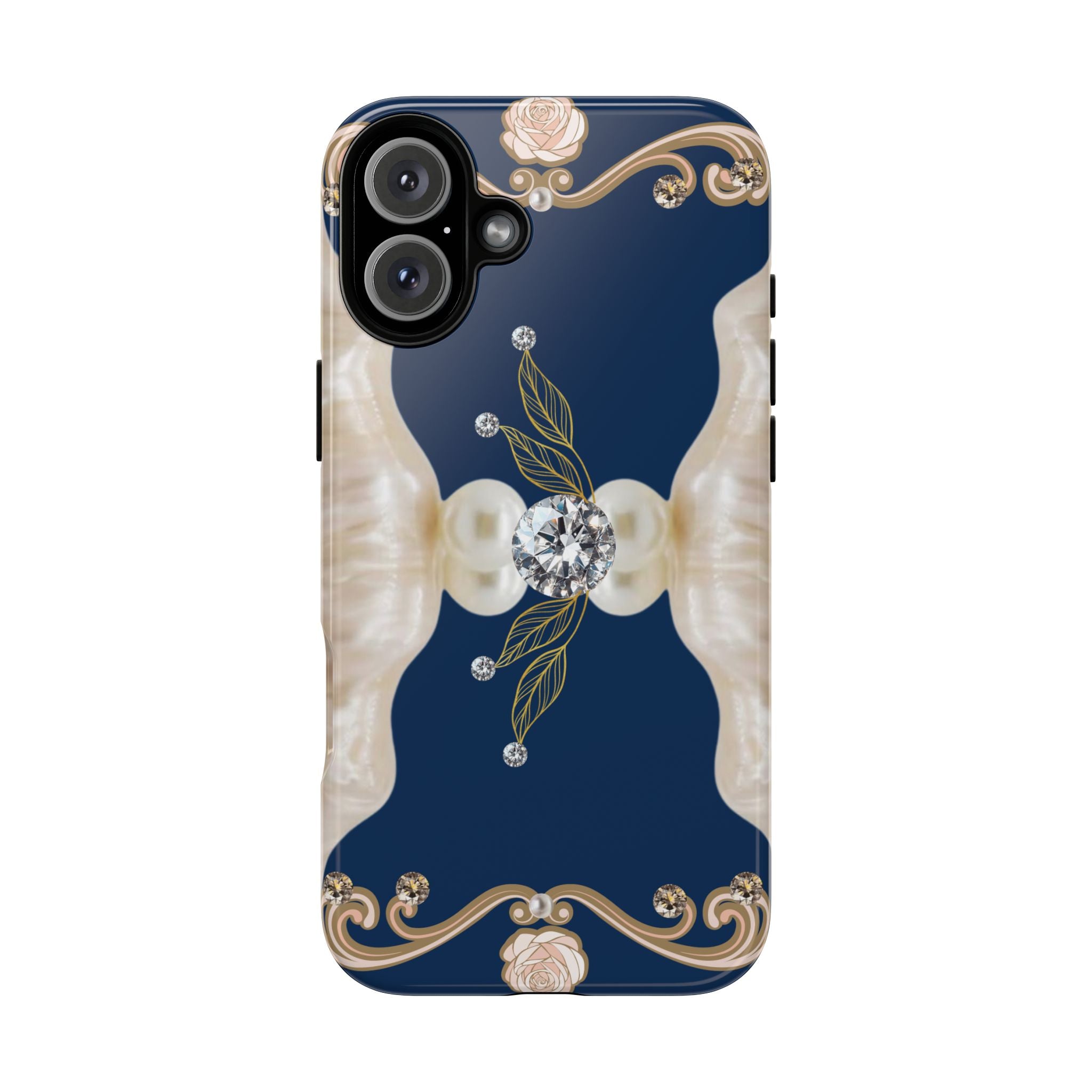 Navy Pearl & Diamond Phone Case — Elegant Floral Baroque Tough Case